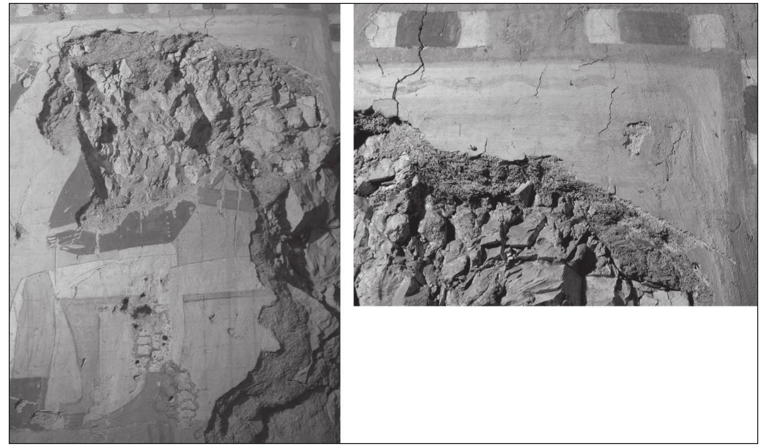 Fig. 9: TT122, Third Chapel, east wall, south end, with detail, PM(7)II. (Author’s photos)  ceiling inscriptions the first woman can be restored as his wife Nesy, while the second woman is clearly identified as his daughter Senetnefer.45 