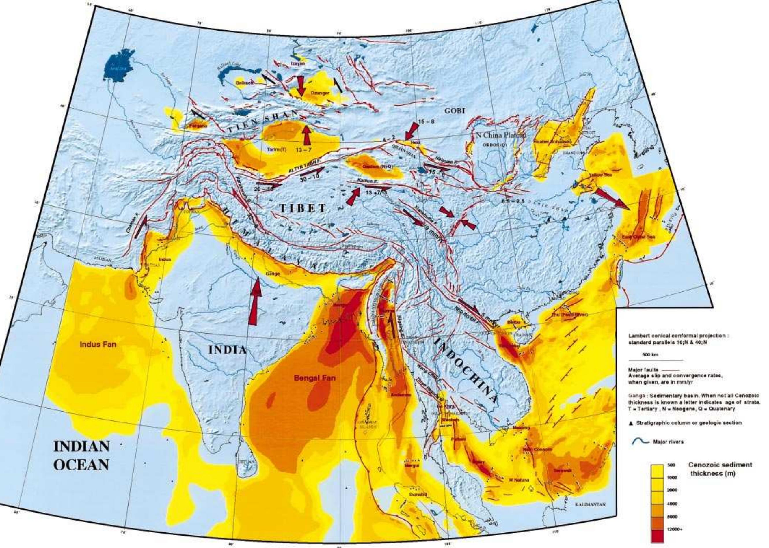 Sedimentary thicknesses in asia. maps were digitized and