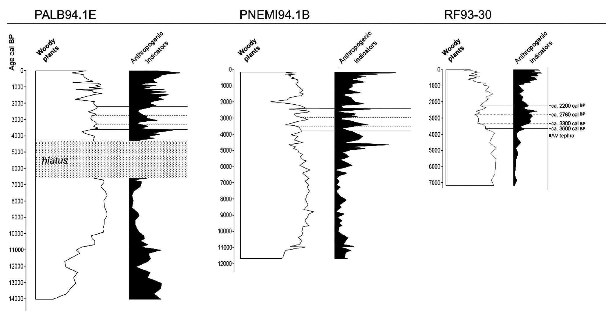 Fig. 1 - Comparison of the trends of synthetic diagrams from three off-site cores, from the left, Lago Albano, Lago di Nemi, and Adriatic Sea cor RF93-30; the selected anthropogenic pollen indicators are cereals, Cichorieae, Centaurea, Plantago and Urtica (from Mercuri et al. 2013, modified)  Our previous research on marine and terrestrial cores has shown that anthropogenic pollen indicators, as general  In mid-Holocene times, the set of anthropogenic pollen indicators (API) became common evidence of farming practices in off-site records and archaeological sites. According to Mercuri et al. (2013), the development of human environments in a modern sense, meaning the permanent transformation of soils and land morphology, and the expansion of agrarian landscapes, with open spaces, fields, pastures and groves, is a relatively recent phenomenon developed in the second half of the mid-Holocene.  In the marine core RF93-30, collecting pollen from the  Tte aah. ABMRERAS KA Bek A SAA ls Ai Kee HR 
