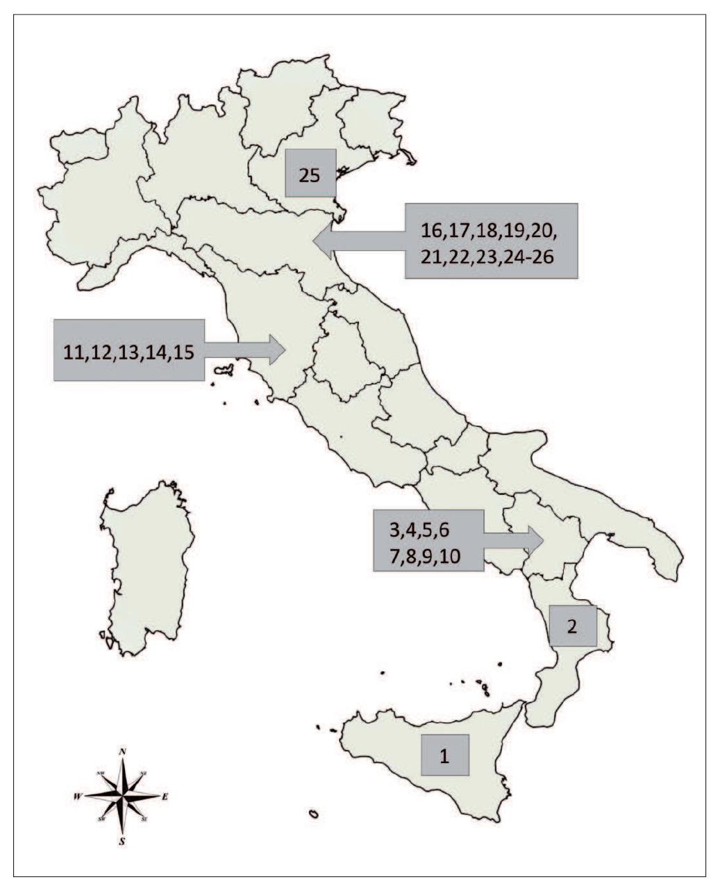 Fig. 2 - Location map of the sites whose data are elaborated in this paper. Numbers from | to 26 correspond to the archaeological sites reported in Table 1.  Domagnano; Table 1). A total of 300 pollen samples, taken from layers opened during excavations, were selected avoiding ambiguous chronological attributions (such as, e.g., layers ‘under/before’ or ‘over/after’ the main context studied). Chronology is based on archaeological data and radiocarbon dates. Dates span from approximately 4200 to 500 years BP. The samples were prepared using tetra-Na-pyrophosphate, HCl 10%, acetolysis, separation with Na-metatungstate hydrate, HF 40% and ethanol (van der Kaars et al., 2001; Florenzano et al., 2012). Pollen slides were mounted on glycerol jelly. Lycopodium tablets were added for calculation of concentrations (expressed as pollen per gram - p/g). Residues in glycerol were mounted in permanent slides. Pollen was identified at 1000x magnifications, with the help of atlases and the reference collection of the laboratory of Modena. Cerealia pollen identification was based on Andersen (1979), Beug (1964), Faegri & Iversen (1989, with a correction factor for glycerol jelly). Percentages were calculated on a pollen sum including all pollen types. 