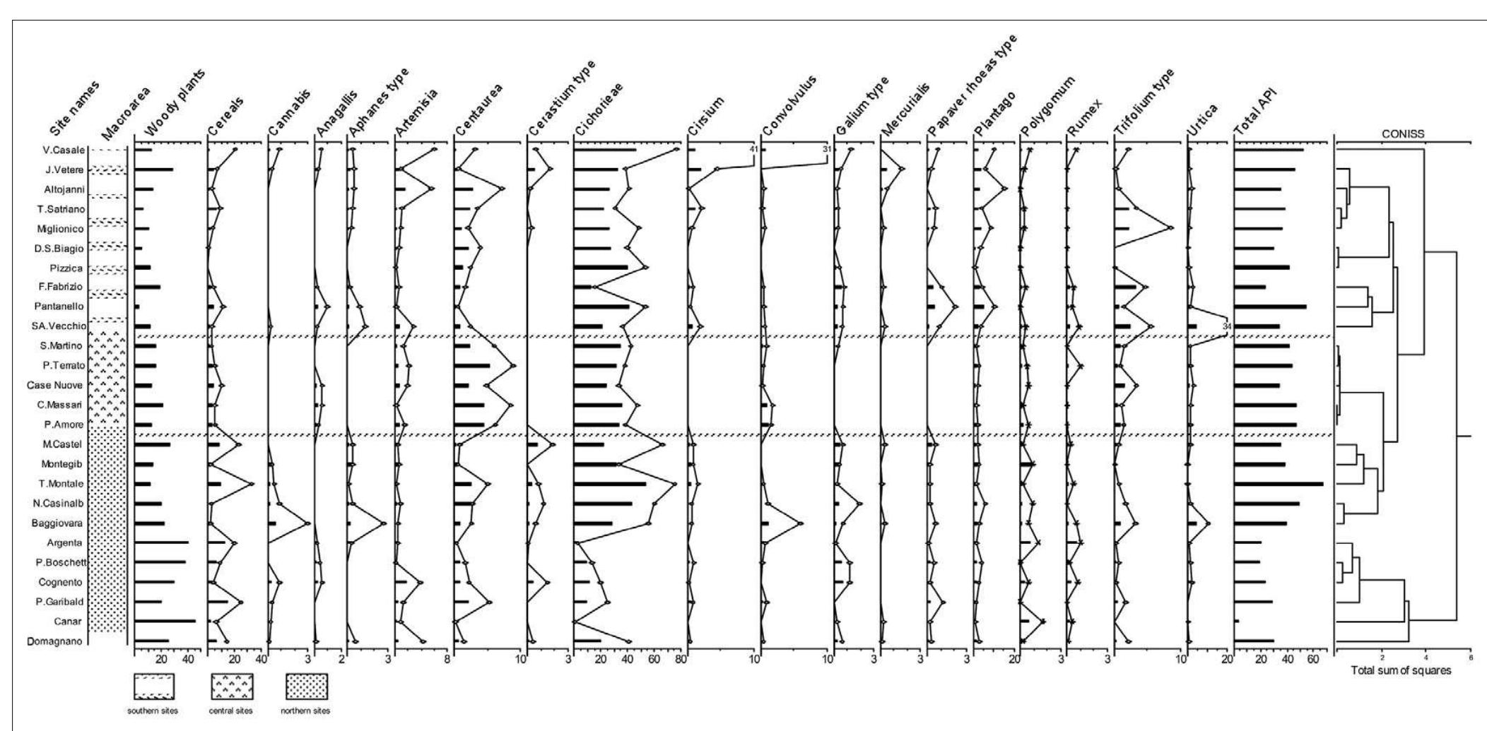 Fig. 3 - Pollen percentages and total concentrations of the 26 archaeological sites discussed in this paper, according to decreasing latitude (see also Table 1). Bars show mean values, and lines show maximum percentages. API = the sum includes the Anthropogenic Pollen Indicators discussed in this paper, and all reported in this diagram. CONISS = constrained incremental sum of squares. The diagram and cluster analyses were plotted with TGView (Grimm, 2004). 
