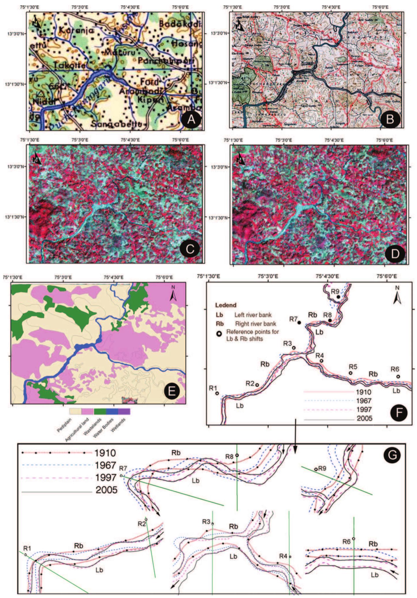 Figure 18. Block-[I (part of Gurpur river) showing morphological changes during 1910- 2005 period. A and B: Topographic maps of 1910 (1:63,360) and 1967 (1:50,000). C and D: IRS LISS-HI images of 1997 and 2005. E: Geomorphological interpretation map of the block. F: Migration of river channel along the Rb and Lb are shown by superimposition of vector layers of different periods (A—D). G: Expanded view across the channel at selected reference points, where significant changes can be noticed. 