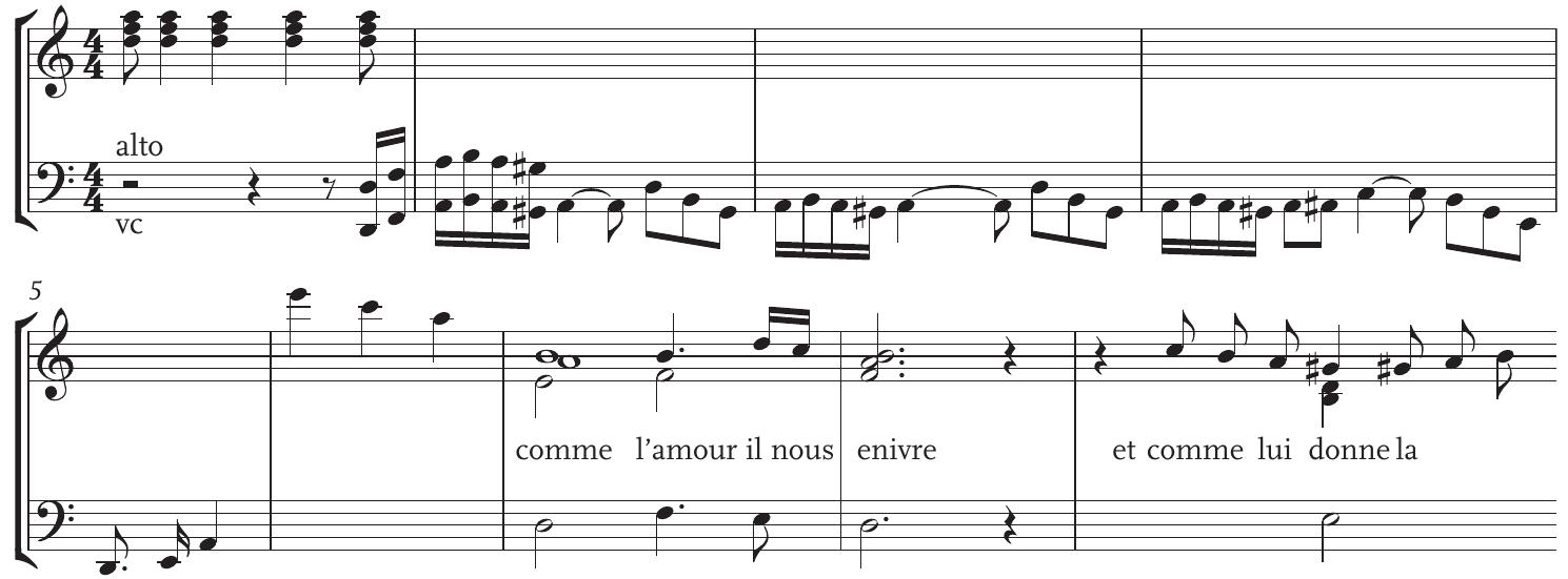 Example 3 Meyerbeer, sketch for “Comme l’amour il nous enivre” in “Skizzen Vasco,” Ms. autograph G, Meyerbeer 1, G-Bds, fol. 53.  GABRIELA CRUZ  his contemporaries. Distillation should be understood here as an imaginary process, for Meyerbeer never conceived of the radical possibility of introducing scent on stage. However, his compositional idea proceeds from perfume, ar absent object supplemented in the theater by means of an acoustic trace. His sketches for the scene, produced sometime between 1841 and 1843, are pre served in “Skizzen Vasco,” Mms. autograph G. Meyerbeer 1, at the Deutsche Staatsbibliothek, Berlin. The manuscript assembles ideas for the opera dating from the 1840s to 1864.4° Folios 43, 47, 48, and 53 contained the earliest com positional ideas, dated circa 1841-43, all related to the manchineel. Folio 53 the most relevant here, laid out the fundamental ideas for the moment o: intoxication. A key sketch, transcribed in example 3, annotated register harmony, instrumental color, and melody. It departed from Meyerbeer’s usua compositional methods in which vocal lines took precedence, annotated, anc developed first and over the barest annotation of a harmonic framework. Here exceptionally, the composer proceeded from a predetermined acoustic idea anterior to drama. He assembled three important elements: the prolongec chords in the flutes, iconic of breath, the idea for a melodic presence workec out in octave doublings, opening a suggestion of acoustic space, and finally the pitch “A” prolonged in the middle register, a persistent resonance to be delivered by the violas. These compositional jottings found on staves 9 and 1c of the folio are preceded in staves 4 and 5 by another small sketch for the vision attached to the words “I hear them, I see them, the pleasures o heavens offer themselves to my eyes” (je les entends je les vois, / 4 mes yeus s‘offrent les voluptés des cieux), rewritten in the final version as “It is < wonder, the splendor of heavenly pleasures offers itself to my eyes” (Est-ce ur prodige / que de splendeur / 4 mes yeux s’offrent les voluptés des cieux) voice proceeds from music, capturing a resonance succinctly spelled out in the 