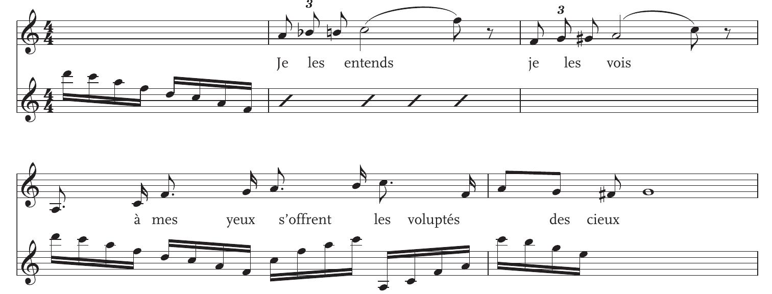 Example 4 Meyerbeer, sketch “Je les entends” in “Skizzen Vasco,” Ms. autograph G Meyerbeer 1, G-Bds, fol. 53.  Here, I would like to return to the question of artistic affinity outlined at the beginning of this essay. This is not so as to issue the customary Meyerbeeriar “gotcha” at Wagner—to note that the composer of Tristan may have indeed stood closest to the creative ambitions of the elderly Meyerbeer, just as his music seemed to take flight from opera in the most radical of ways. The issue I want tc address at this point, itself a crucial context to Meyerbeer’s compositional approach to L’Africaine after the 1850s, is that of his turn toward the music of Wagner. Meyerbeer had no public words for his colleague after having become 