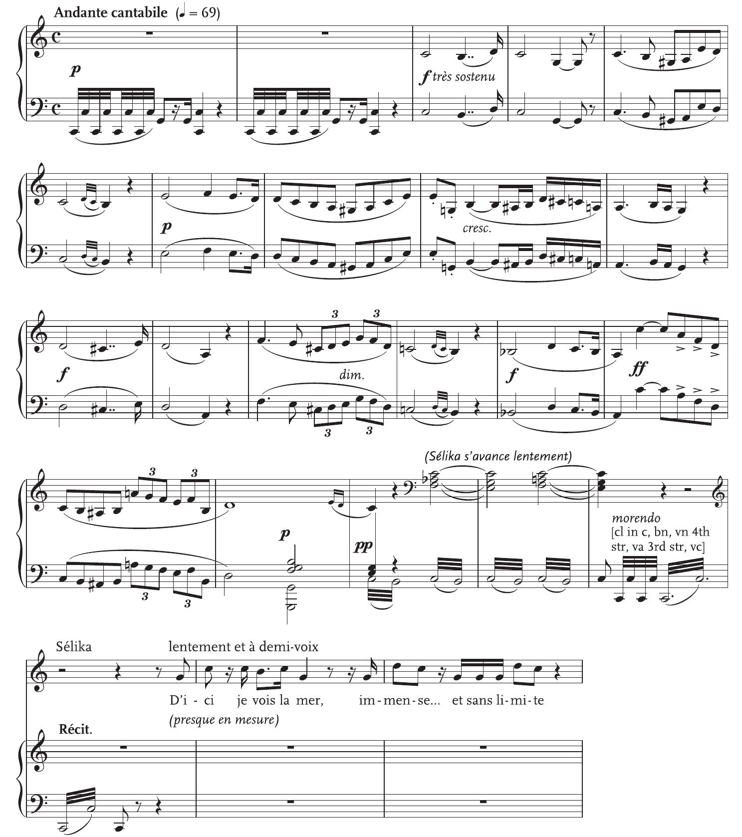 (Le thédtre change et représente un promontoire qui domine la mer. Un arbre occupe le milieu de la scéne.)  Example 5 Meyerbeer, LAfricaine, act 5, scene 2, Andante cantabile. 