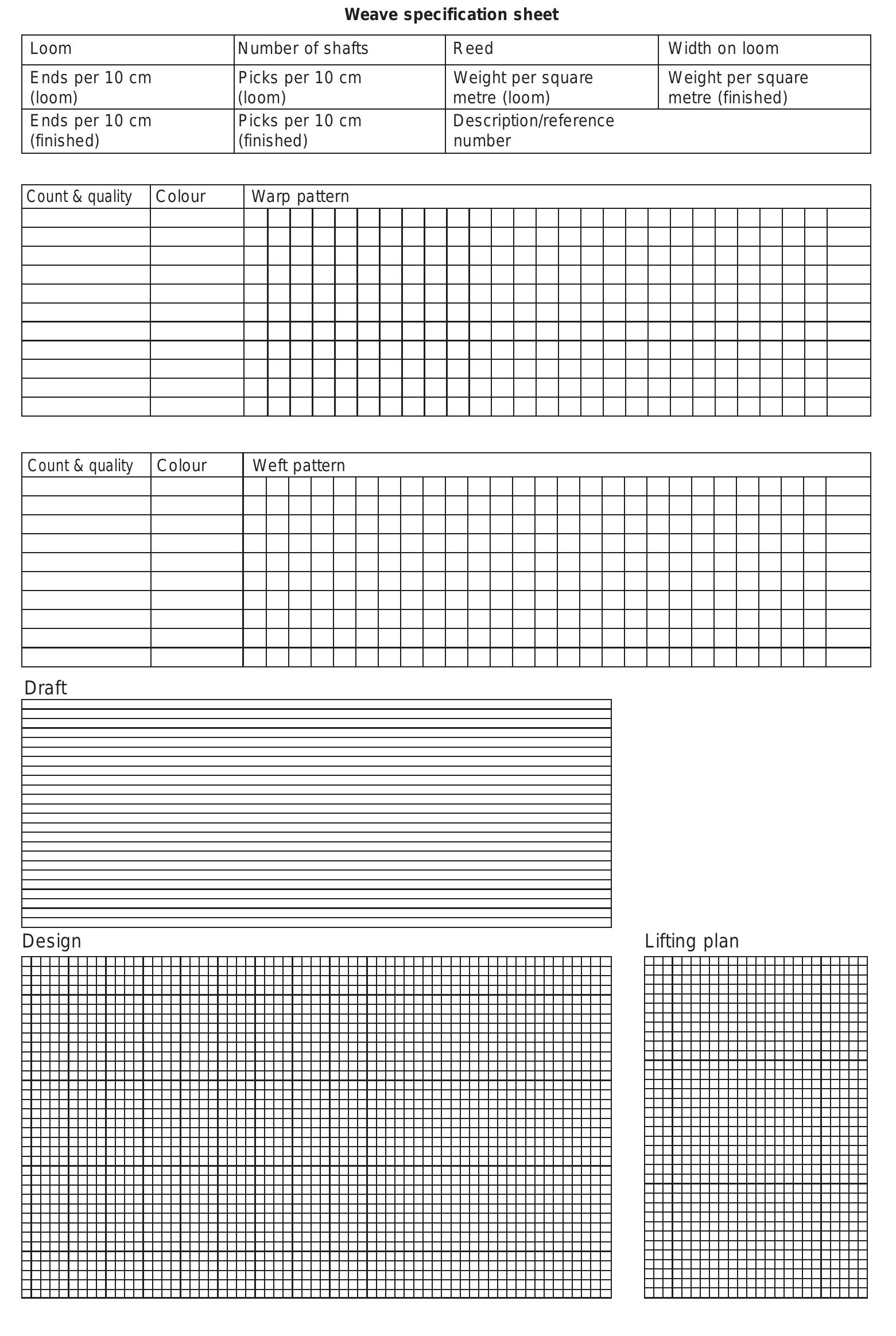 Example fabric specification sheet for a woven fabric