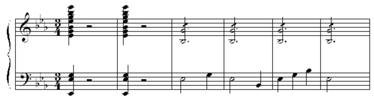 measures long, but is immediately elaborated upon within the first three phrases. The first twelve measures form a phrase that immediately cadences back to E-flat first theme follows in a primitive, introductory form in the cellos and is only four