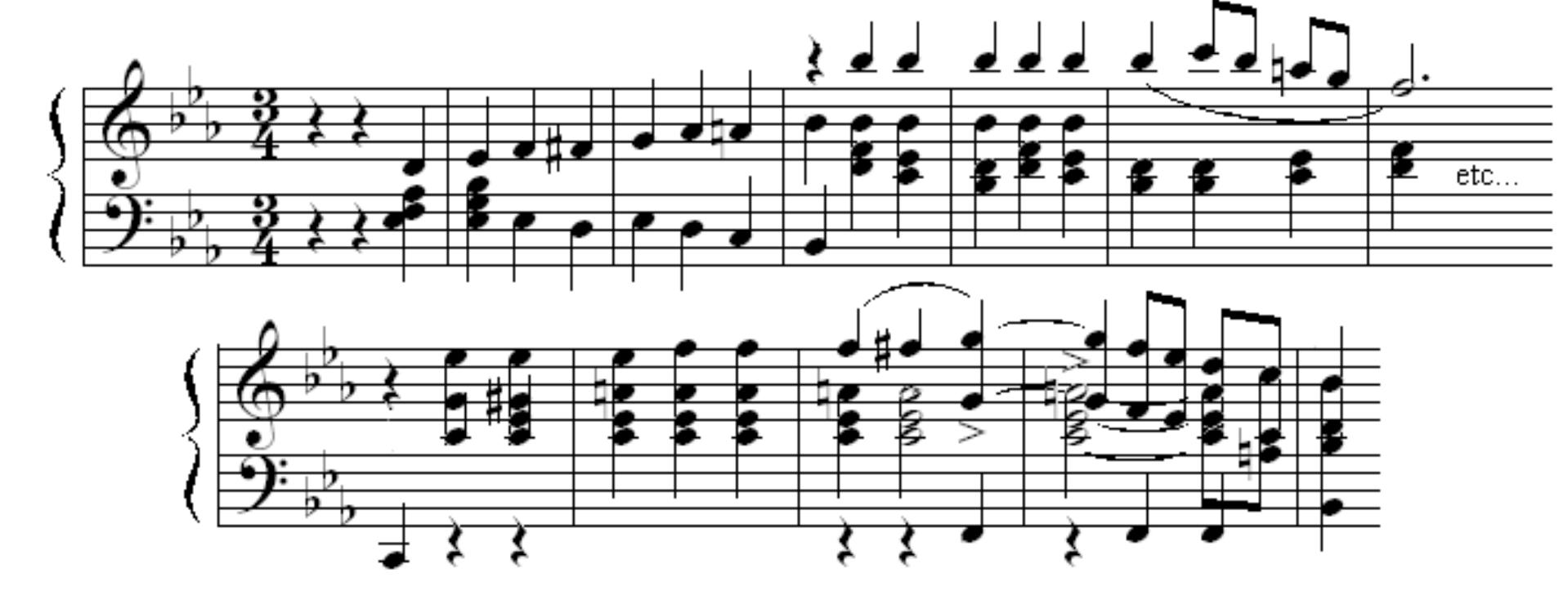 Fig. 10. Relationship between Main Scherzo Theme and Lyrical First Movement Theme first movement, as shown in figure 10. However, they are only cleverly disguised borrowings from the first and third themes of the
