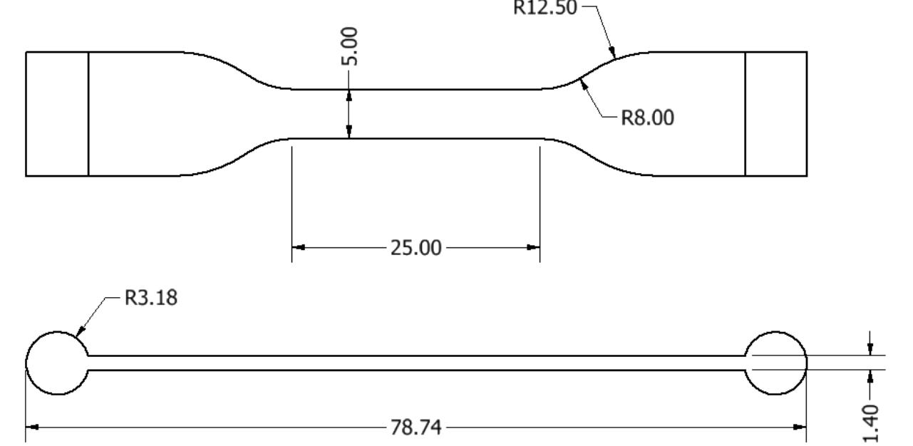 Figure 3: An engineering drawing of the fatigue test specimens. All measurements given in millimeters.
 The fatigue testing specimens were designed according to the ASTM standard and consisted
of a modified dogbone shape. The exact dimensions of this shape can be seen in Figure 3. The
specimen takes the shape of the traditional dogbone specimen with the addition of beaded edge,
designed to fit into a set of special elastomer grips. This feature is necessary with elastomers
because the lateral shrinkage of the specimens under high strains tends to let specimens pull out
of traditional grips.
