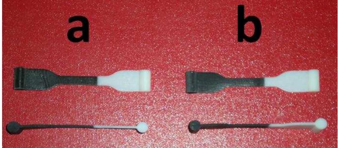 Figure 4: The flat interface and shear interface specimens
 To test the fatigue characteristics of the interface between the TangoBlackPlus material and a
standard non-elastomer material (Objet’s VeroWhitePlus, in this case) two alternate specimen
designs were used: a flat interface specimen (Figure 4a) and a shear interface specimen (Figure
4b). Each of these specimens had the same overall part dimensions, but the specimens were
made from the two materials.
