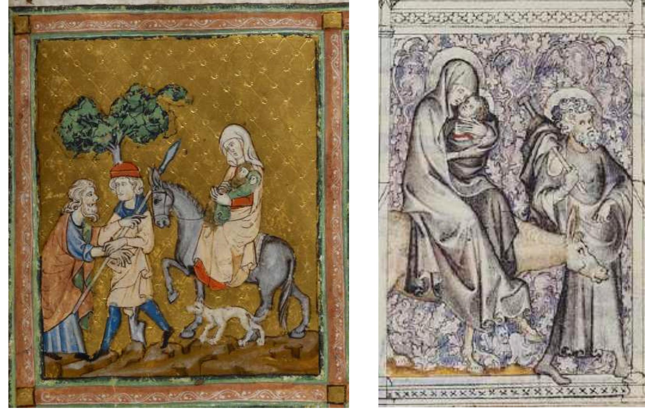 into Egypt.’ That narrative is found in the second chapter of Matthew’s gospel. Herod, SYP p ro  into Egypt.” That narrative is found in the second chapter of Matthew’s gospel. Herod, having learned from astrologers that a child is to be born who will be the promised mes- siah of the Jews, is determined to hunt down Mary’s child and destroy him. Joseph is instructed by a messenger of the Lord to take the child and his mother, flee to Egypt, and stay there until God gives him instructions. After Herod’s death a heavenly messenger again appears in a dream to Joseph in Egypt, telling him to get ready, take the child and his mother, and return to the land of Israel; for “those who were seeking the child’s life are dead” (Matthew 2:13—21). In standard contemporary iconography, Mary, Joseph, and baby Jesus flee Bethlehem for Egypt (fig. 66).  FIGURE 65 Moses’ family’s flight into Egypt. Golden Haggadah, fol. 10v (detail) 