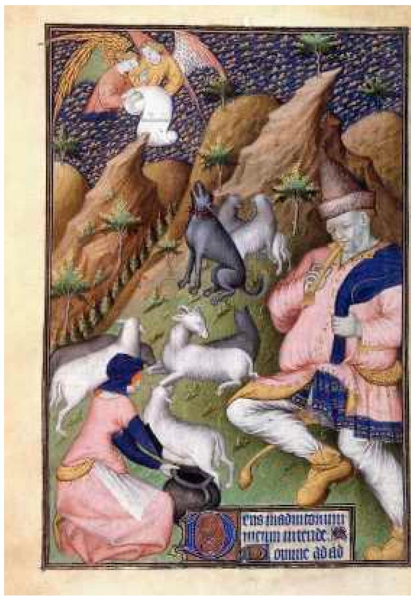 although the personifications are by nature “iconic,” their use is essentially narrative,  although the personifications are by nature “iconic, their use 1s essentially narrative, and they serve (characteristically for the Rylands Haggadah) to demonstrate fidelity to the scriptural account. Moses is physically the largest and most significant character here (fig. 80). Even though Zipporah is seated on a donkey and should be taller than Moses, he towers over her. Moses is headed toward Egypt with the rod with which he will perform the “signs.” The rod is prominent and held in front of his body. He does not lean upon it, nor does it touch the ground, as it does in the top panel of the folio. It has lost its function as a shepherd’s crook or a traveling staff and has fully become the “rod of God.” This is accentuated by the text caption, “And Moses took the rod of God  with him” (Exodus 4:20). A frowning Zipporah (contrast her visage with the gentle,  FIGURE 79 