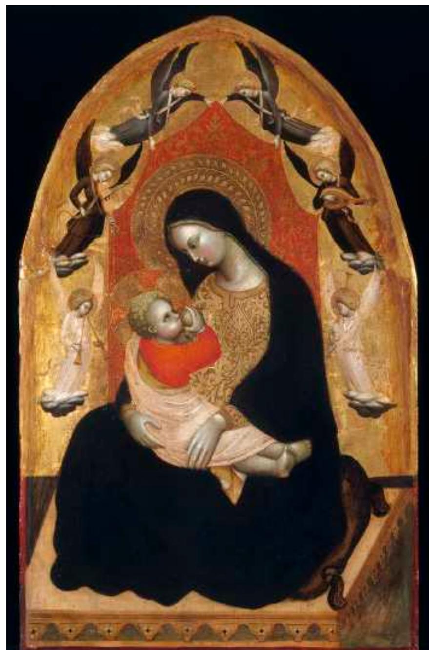 which she later pins her child in order to circumcise him, mark her an anti-Madonna.  5 END  Master of the Straus Madonna, Madonna of Humility, Italian, 1350- 1420, Sterling and Francine Clark Art Institute, Williamstown, Massachu-  setts, 1968.304  Although the authorship of BL Or. 1404 was clearly invested in the analogy between Zipporah and the Madonna, it took care to bound and limit that analogy. The Zipporah of BL Or. 1404, as I have said, is glowing and benevolent. But she lacks the slightly sad, reflective, contemplative visage with which she appears in the Golden Haggadah. And in this she differs as much from the version of Zipporah-as-Madonna as depicted in the Golden Haggadah as she does from the anti-Madonna of the Rylands Haggadah. The Golden Haggadah’s Zipporah, with her inward-turned gaze (fig. 84), fully replicates the Madonna’s knowledge, through the prophecy of Simeon (Luke 2:35), of the fact that the baby cradled in her arms at the beginning of his life will once again be cradled there at the end of it, when the scene is recapitulated as the Pieta. The artist of the Golden Haggadah was very much aware of this, painting her tiny pout and downcast eyes with a brush that was no thicker than an eyelash in a space no bigger than a pinkie nail. By  way of contrast, the authorship of BL Or. 1404 stops short of what might be called a full 