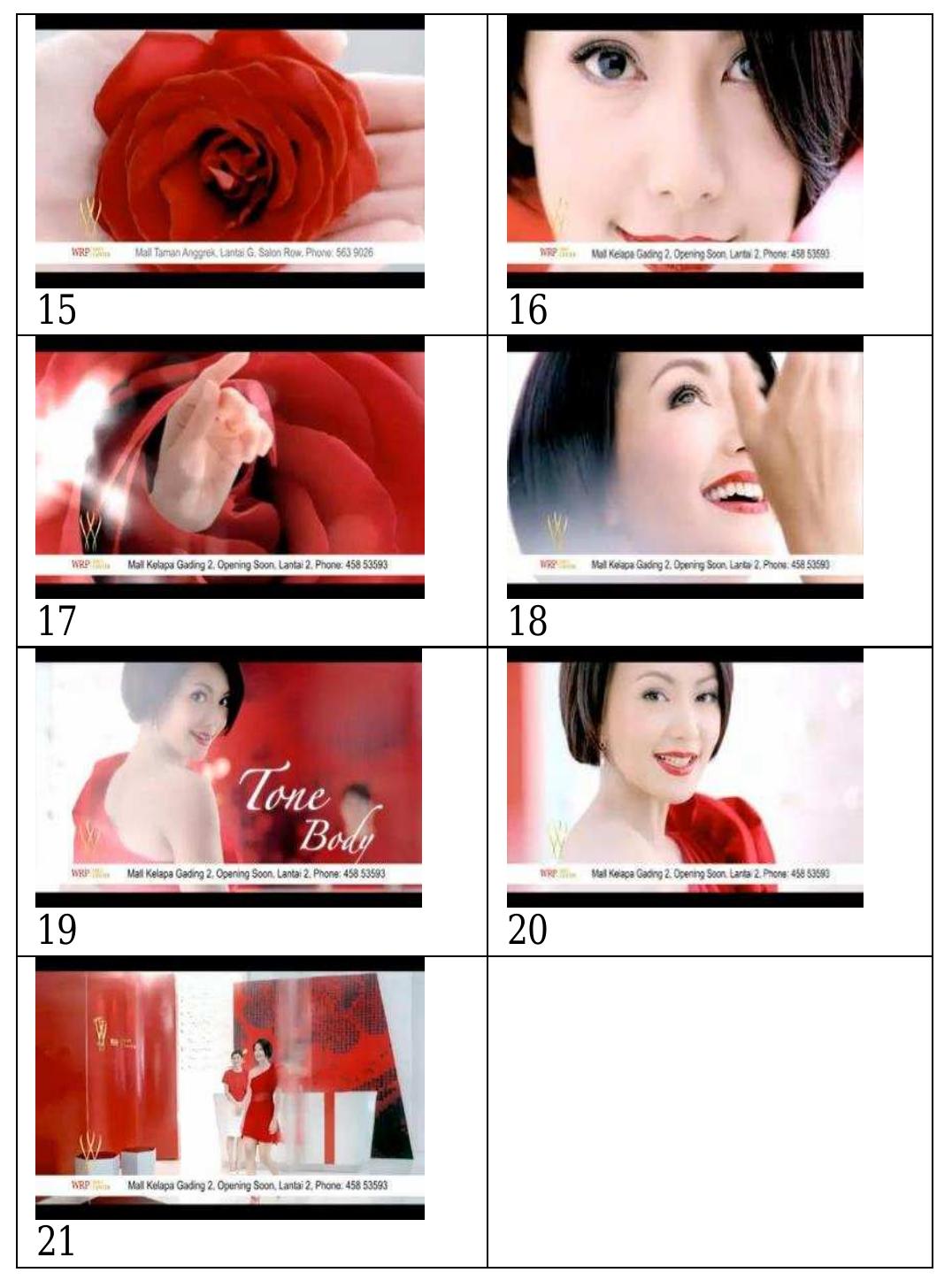 Interpretation of screen shot tone body no. 15 — 21  Field of discourse in the screen shot 15-21, is the women body discourse after receiving full treatment. Describing the treatment has been completed, symbolized by the color red has replaced the white color and then become dominant in the screen. White lily are replaced by beautiful and gorgeous roses. Women who attend and received treatment on WRP Diet Center are guaranteed getting the satisfaction and gain tone body (quality body). Screen shot no. 20 showed the women’s satisfaction of maximum result of her body and in the screen shot no. 21, the woman exited WRP Diet Center with a happy feeling. In addition, the field of discourse shown that the final information, WRP Diet Center can also be found in Mal Kelapa  Gading.  Mode of discourse used is the display of body curves and body treatments beside substitutes milk which will be received if the women come to the WRP Diet Center. Display of the words "Slender Body" and "Body Smoothy", as if WRP Diet Center promise that they will find satisfaction with slender and smooth  body, as expected. 