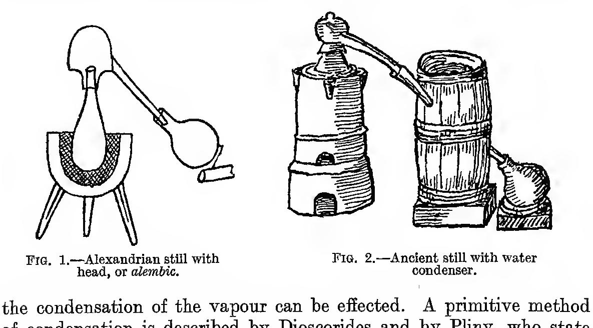 Ancient Apparatus.—The process of distillation is evidently a very ancient one, for Aristotle? mentions that pure water may be obtained from sea-water by evaporation, but he does not explain how 