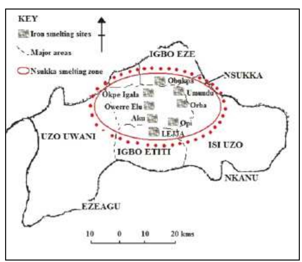 Figure 1: Map of the Nsukka area showing Lejja and some other iron smelting sites in the area.  In the Nsukka area, there are several towns and communities that were intensively involved in iron smelting in prehistory. Smelting sites include Opi, Aku, Obimo, Obukpa, Owerre Elu, Lejja, etc.  Intensive smelting of iron took place at the site of Lejja, in south east Nigeria during prehistoric periods. This statement is substantiated by the extensive iron smelting debris left behind in Lejja. The debris could point not only to an extensive iron smelting period in the history of the site, but could even represent the remains of a once thriving industry. Iron smelting often involved the community as a whole, and its effects were usually far reaching; from changing the status 