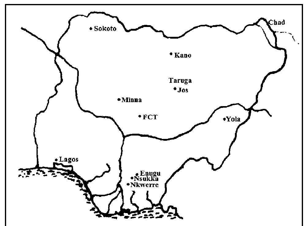 Figure 2: Map of Nigeria showing some major towns. 