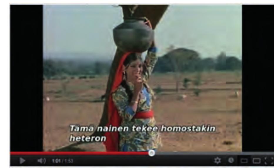 ‘This woman will turn even a queer into a straight guy’  Another scene of the buffalaxed video which also subverts the heterosexuality of the two men apparent in the original film features a brief encounter with a young woman. The origi- nal scene has no dialogue or lyrics, but the buf- falaxed video has added subtitles which assign new meanings to the encounter (e.g. ‘the sexual orientation of the two Teros is put to the test / This woman will turn even a queer into a straight guy’). Like the practice we know from silent films, the subtitles thus function as narrative commen- tary steering the interpretation of what we are seeing in the scene in a particular direction.  seeing in the scene in a particular direction.  tary steering the interpretation of what we are  This episode is followed by dialogue, again intro duced by the buffalax editor: ‘Let’s toss a coin: tails | get laid, heads you’. In this scene the men turn their attention to the woman and no longer to each other. The woman gives the men a leer ing look, and they toss the coin to decide which 