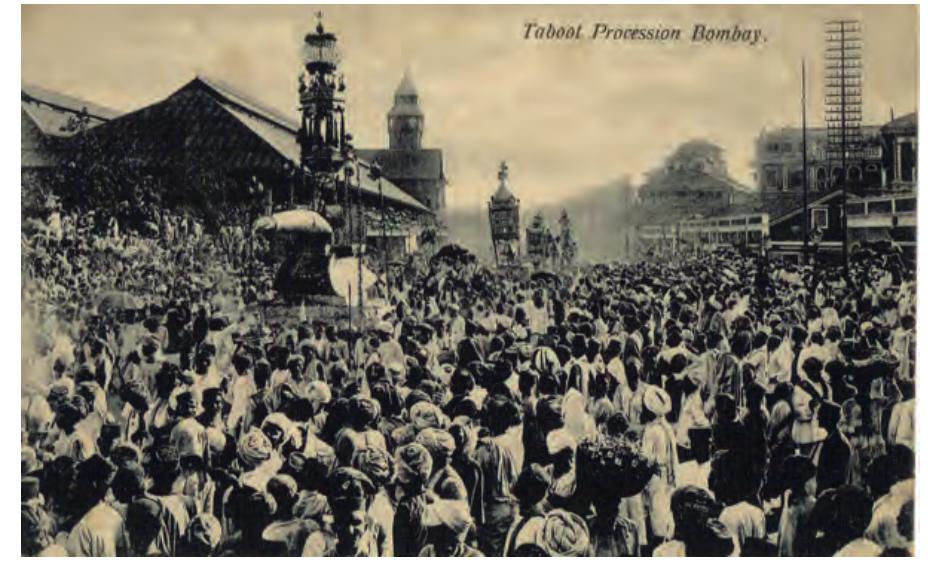Figure 7: Taboot Procession, Bombay, late nineteenth or early twentieth century.  the ta’zyeh was no longer associated with the processions. Moreover, when the main Mumbai procession in Dongri was established during the late 1960s and early 1970s, it was towards the Rahmatabad cemetery in Mazgan and not a sea front (figure 6). Therefore, unlike other Indian cit ies, the ta’zyehs are not carried throughout the main processions in Mumbai. This description is about the ritual in Dongri, known as the heart of Mumbai’s Muharram rituals. However, in some areas like Mumbra or Govandi, the ta’zyehs are built and carried in local processions, identifying the Hidustani Shi’a communities that are mainly from UP. It is difficult to define the Hindustani Shi’as in Mumbai, however, Hindustani Shi’as are those who are not Khojas, Bohras, or Irani ans. This group is mainly from UP and is not as financially well-established as the other three communities. However, it is also rather difficult to simply limit the idea of Hindustani Shi’as to being lower-class Shi’as. 