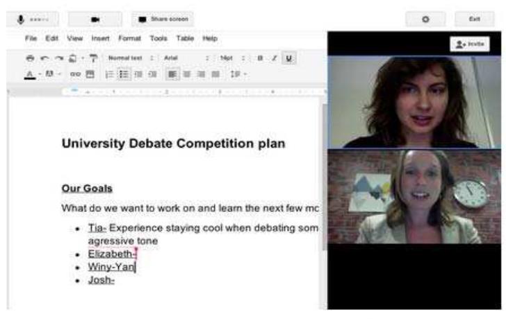 Google+ Hangouts video-conferencing application is powerful tools to trigger
extemalization via open participation, dialogue, and discussion. The nature of
human, we always tell more than we write down. Google+ Hangouts gets created,
with a minimum amount of effort. Also participant can record and shared any
other interested people. This free video-conferencing tool provides opportunity for
social interaction and collaborative knowledge construction process capturing.
Google+ Hangout application allow up to 10 people to video-conference at no
charge (Google, 2012). The application is one of best video-conferencing tool in
the current technology both desktop and mobile device support. Moreover, with
Y ouTube integration user can be able to easily live video broadcast on user’ s
channel.
