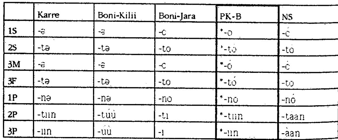 Table 8. Suffix verbs, present negative endings.  The negative past (or invariable negative) is characterised in K and B, as well as in “Digil" and Maay. dialects, by a -nV ending (NS has -in). B has retained final -e which K, following Southern Somali  In K the e-set is used only in negative clauses, while in de- pendent ones the ay-set is used. 