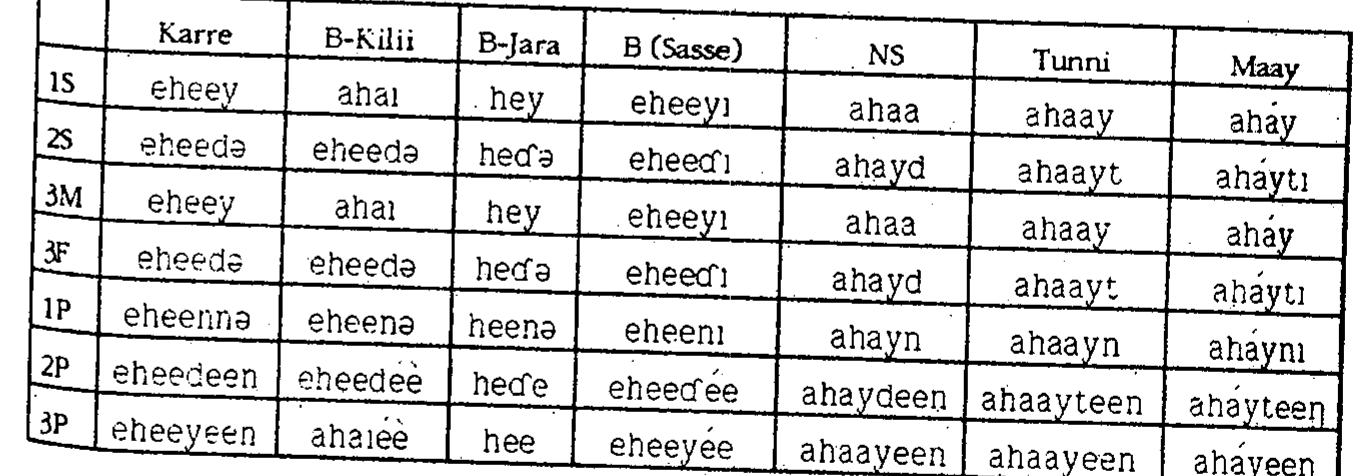 NN Nn SI LLL ER ALD AOC Ni  The past is suffix-conjugated, as elsewhere, and has the "typical" Southern Somali ~ay ending in 1sg and 3m (vs. NS -aa). Banti (1987:145) has proposed that both the Southern and NS systems derive through “opposite processes of analogical levelling" from an Older paradigm with Isg *ahay and 3m *ahaa. This process, as well as the final vowel found in his B paradigm (provided by H.-J. Sasse,  Table 18. ‘to be’, past affirmative. 