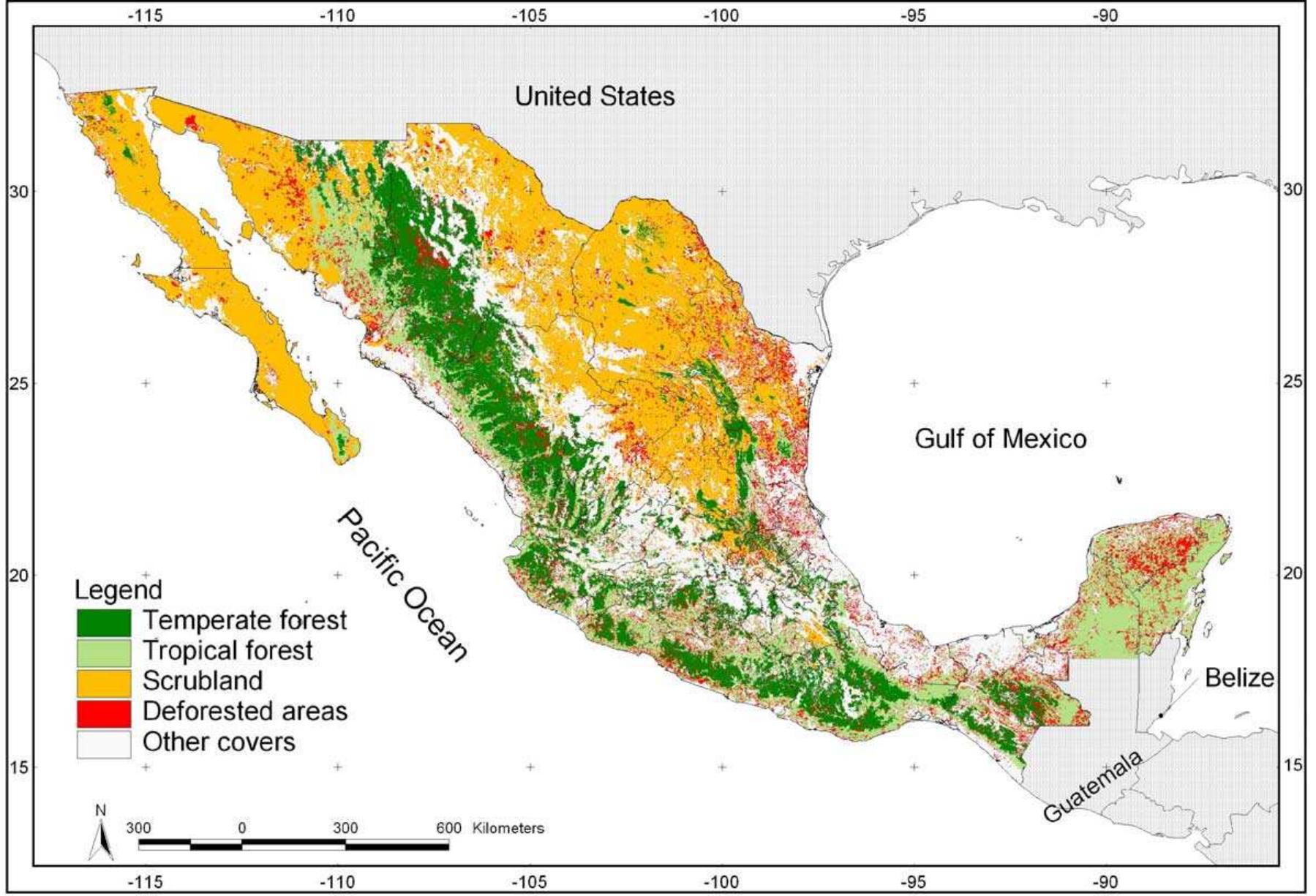 Deforestation map (1976-2000). the cleared areas are shaded