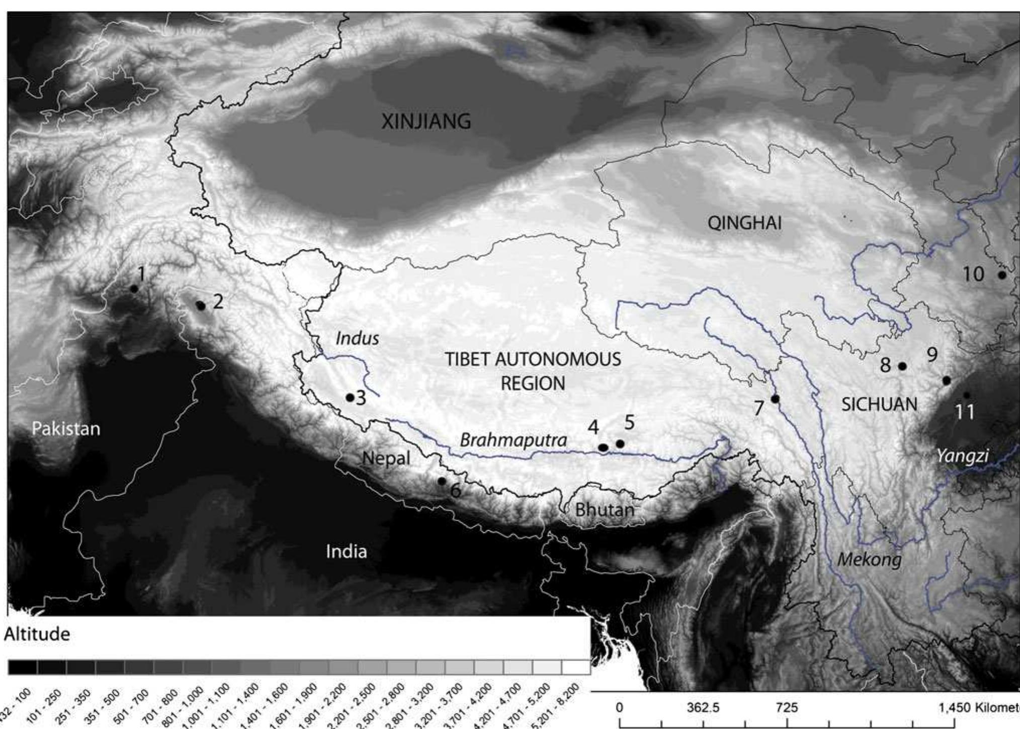 Fig. 2 Location of main sites discussed in the text. / Ghalegay; 2 Burzahom; 3 Kyung-lung Mesa; 4 Changguogou; 5 Lhasa; 6 Kohla; 7 Karuo; 8 Haxiu; 9 Yingpanshan; 10 Dadiwan; // Chengdu  foxtail and broomcorn millet from our study were submitted for direct dating, yielding seven dates falling between c. 2700 and 2300 cal B.C. (see Fig. 1 and SI-1 for further discussion).  on foxtail and broomcorn millet spread from northern China into the highlands of western Sichuan as early as cal 4000 B.C. (Fig. 1) (Chengdu Shi Wenwu Kaogu Yanjiusuo et al. 2002; Zhao and Chen 2011). The spread of millet agriculture to this region seems to have been accompanied by painted pottery, which was traded into southwest China from sources of manufacture in the northwest (Hong et al. 2011). As in northern China, pig husbandry was the primary source of animal resources along with the hunting of wild species (He et al. 2009).  