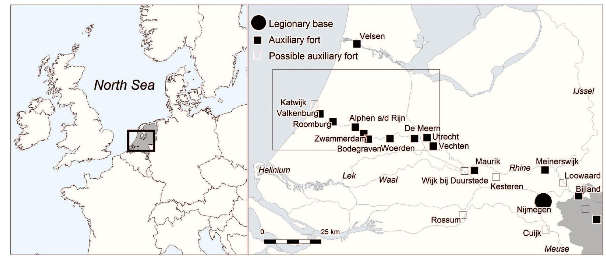 Fig. 1. Roman fortifications in the Rhine-Meuse delta, the Netherlands, in the first two centuries A.D., projected on modern topography (after Polak, 2009).  Box indicates the research area.  establishment and maintenance of this section of the Limes on the other hand is lacking. The objective of the study reported here is to assess the influence of the landscape on the location and size of the military structures erected in the western Limes-section in the first two centuries A.D. based on available geoarchaeological data (Fig. 1). This paper first presents a new and detailed reconstruction of the palaeo-landscape in this part of the Limes-zone in the Roman period. The processes active in this landscape at different scales and the resulting development of the environment are described. In addition, the location of all military structures in this landscape is outlined. Finally, the influence of the landscape on the position and lay-out of the various military elements in the research area is revealed. In this way, this paper contributes to a better understanding of the reasons why the Roman army settled along a river branch in an unembanked delta plain.  ecological material, have been exceptionally high due to the high water levels in this wetland area. Furthermore, the Roman military structures along the Lower Rhine are well preserved in subsurface, because hardly any post-Roman river erosion occurred in contrast to the central and eastern part of the delta (Bechert & Willems, 1995). Hence, it is an ideal study area for both archaeological and geological research onto this reach of the Roman Limes. 
