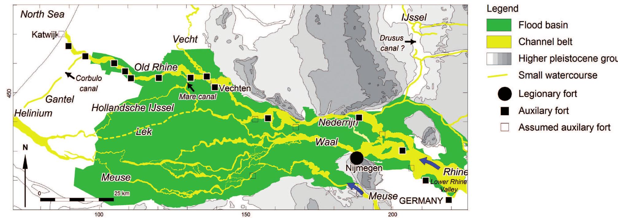 channels, and point bars (Cohen et al., 2009). The elevated levees were gradually formed during annual floods, when the rivers deposited overbank sediment along their channel. In the low-lying flood basins farther away from the river clay was deposited during overbank flooding. Furthermore, small channels  Fig. 3. Active channels belt in the Rhine-Meuse delta in the first two centuries A.D. (modified after Erkens & Cohen, 2009).  Despite the reduction of the water discharge in the Old Rhine, the flood frequency and magnitude of the floods probably increased along the Old Rhine during the Roman period, 