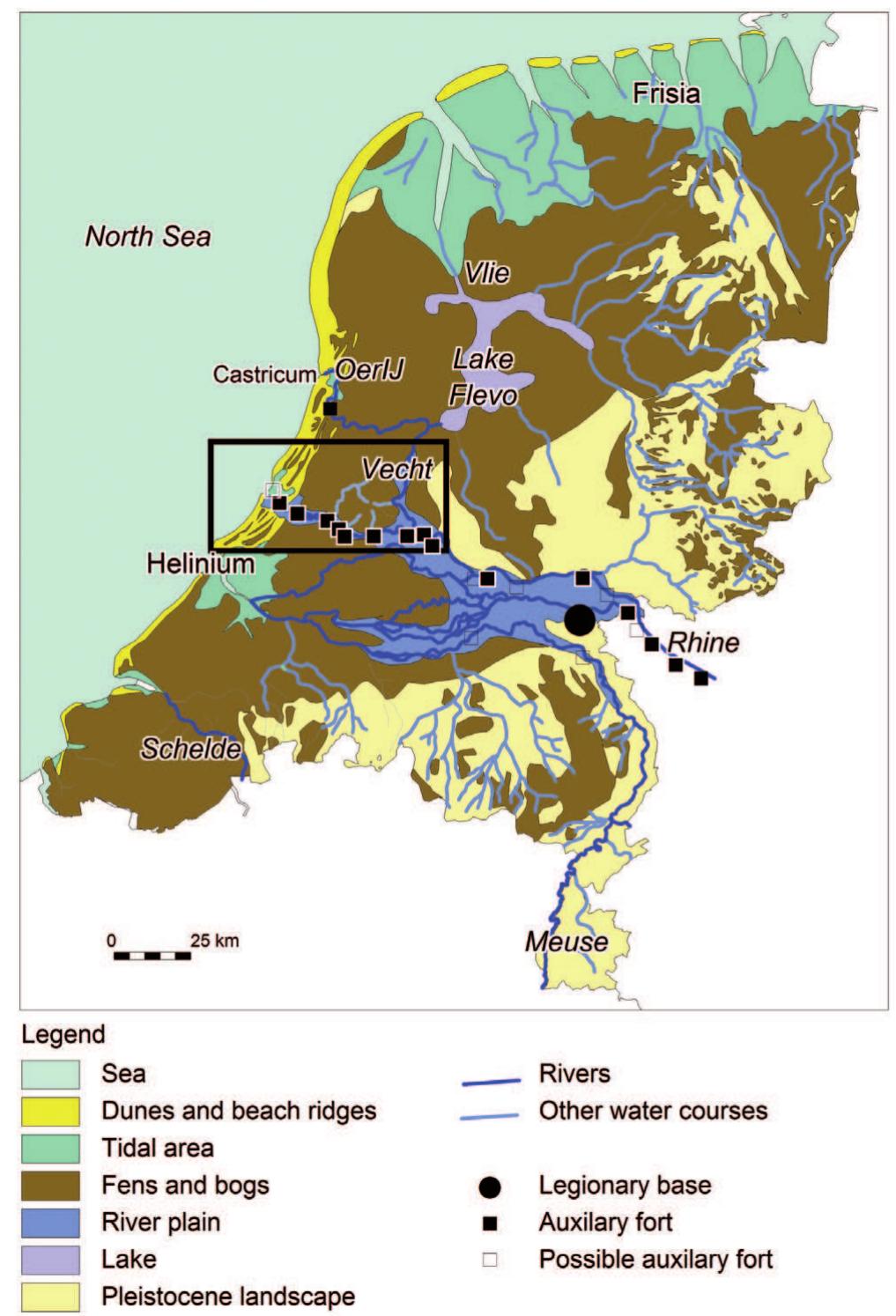 Fig. 2. Palaeogeographic map of the Netherlands in 1%* century A.D. Box indicates the research area. The map is based on several studies (Westerhoff et al., 2003; De Bont, 2008; Van Beek, 2009; Cohen et al., 2009; Vos et al., 2011). 