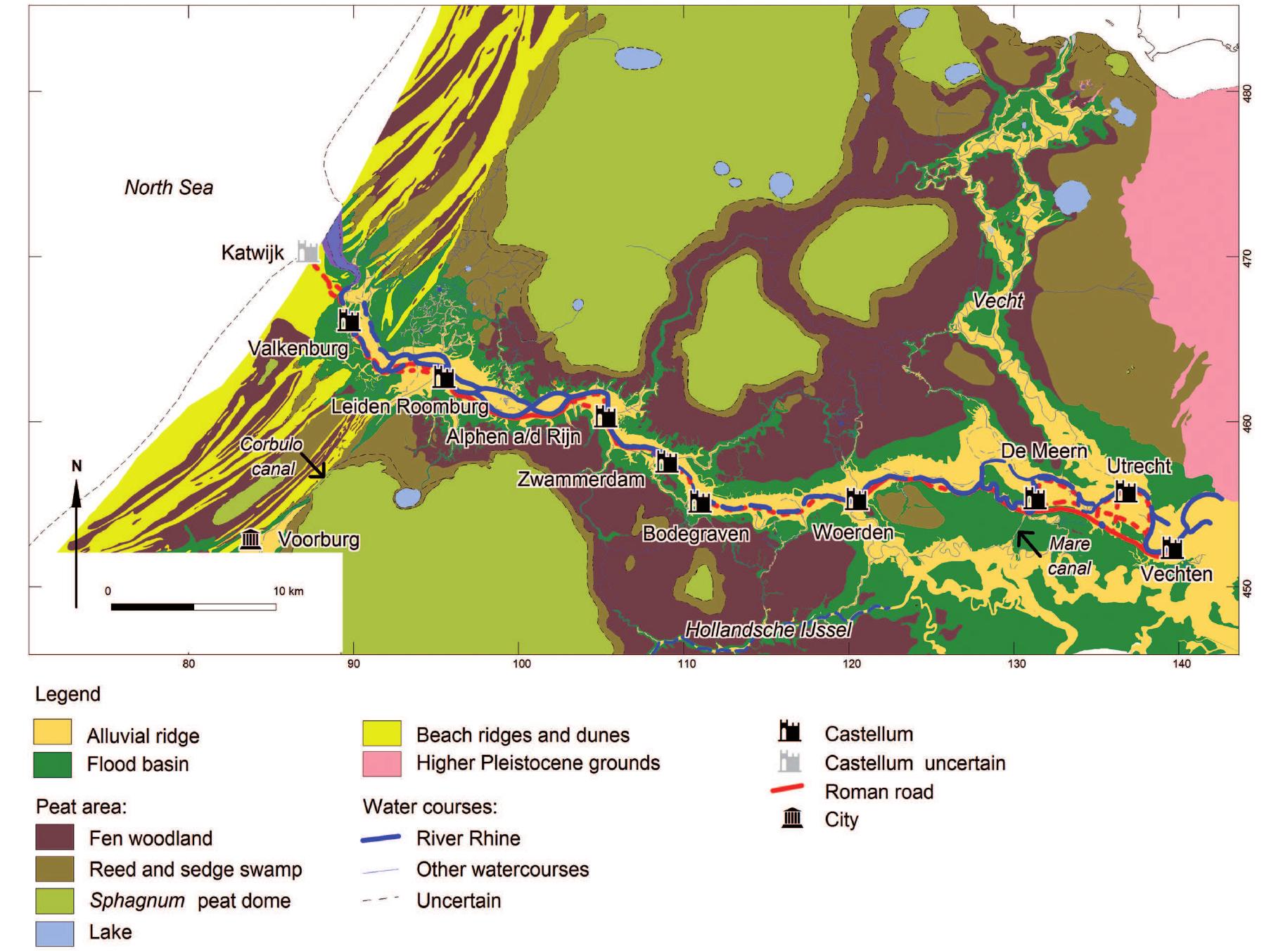 Fig. 4. Palaeogeographical map of the study area.  The width of the river channel of the Rhine in the Roman period varied within the research area. In the eastern part of the research area, between Vechten and Utrecht, the river channel was around 100 metres wide and 7 metres deep (Aarts, 2012; Jansen et al., in press). In this area, Pleistocene aeolian sand deposits are present only a few metres below the surface. This sand was easily erodible, causing rapid river migration and the formation of shoals. Downstream of Utrecht and the bifurcation of the river Vecht, the river channel seems to have been around 40 to 80 metres wide, around 4-6 metres deep and  The alluvial ridge of the Old Rhine formed a relatively narrow corridor of accessible terrain within a vast wetland. The natural levees consisted of sand and sandy clay and reached a maximum of one and a half metres above the surrounding flood basin. The alluvial ridge reached a maximum width of about two kilometres around Utrecht and a minimum of ca 800 metres  pasin. The alluvial ridge reached a maximum width of about 