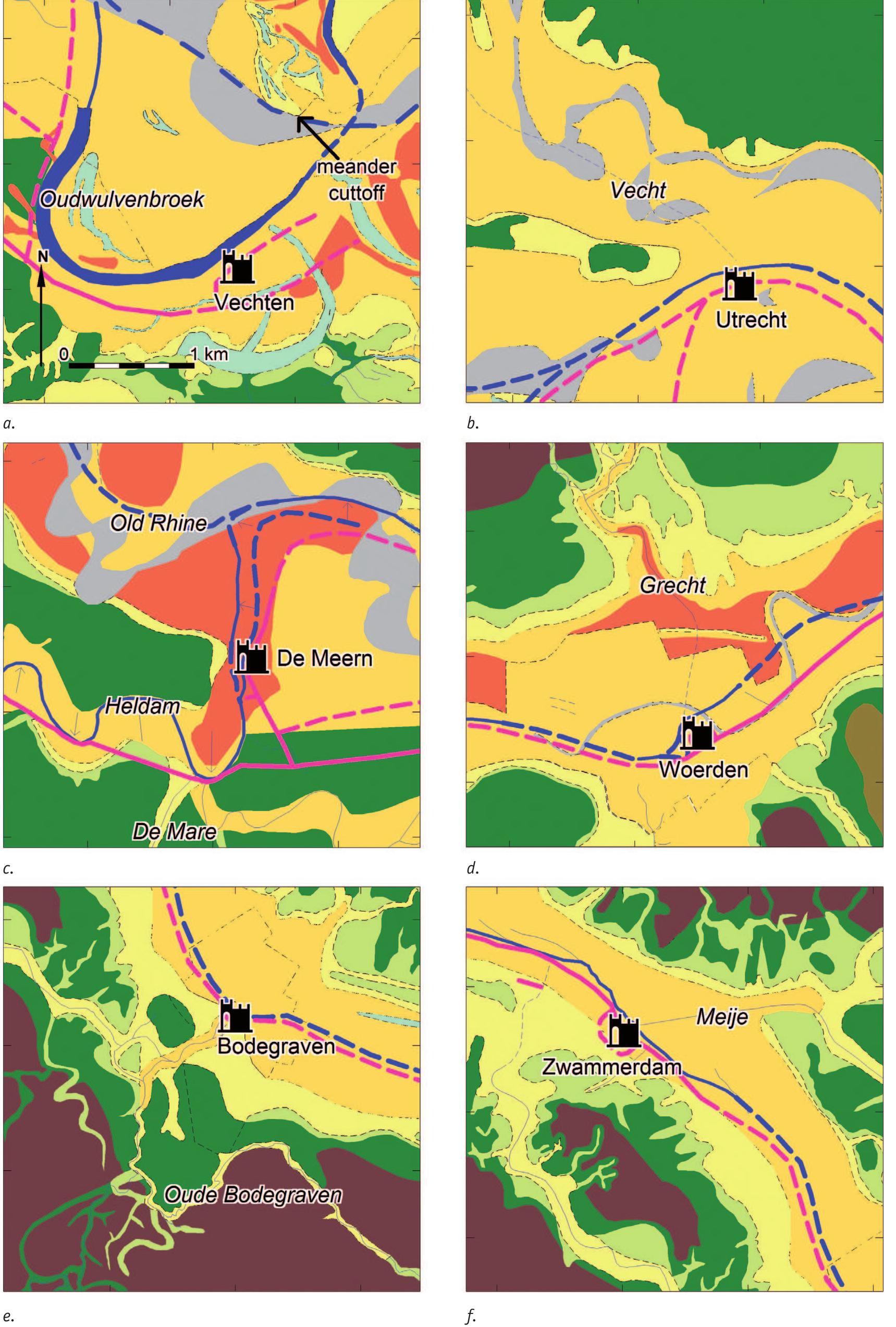 Fig. 7. Palaeogeographical situation in the surroundings of the Roman castella along the western Lower Rhine in first centuries A.D. (for legend see Fig. 6).  1St century A.D. (Fig. 7a). The clayey and peaty fill of the proximal part of the abandoned channel indicates that the water supply through the Oudwulverbroek channel was suddenly interrupted (Toonen et al., 2012; Jansen et al., in press). Yet,  the location of fort Vechten did not change after relocation of the channel. Driessen (2007) proposed that some military and civilian settlement locations remained in use at an initial setting because the effort required to give up a selected and organised  the channel. Driessen (2007) proposed that some military and 
