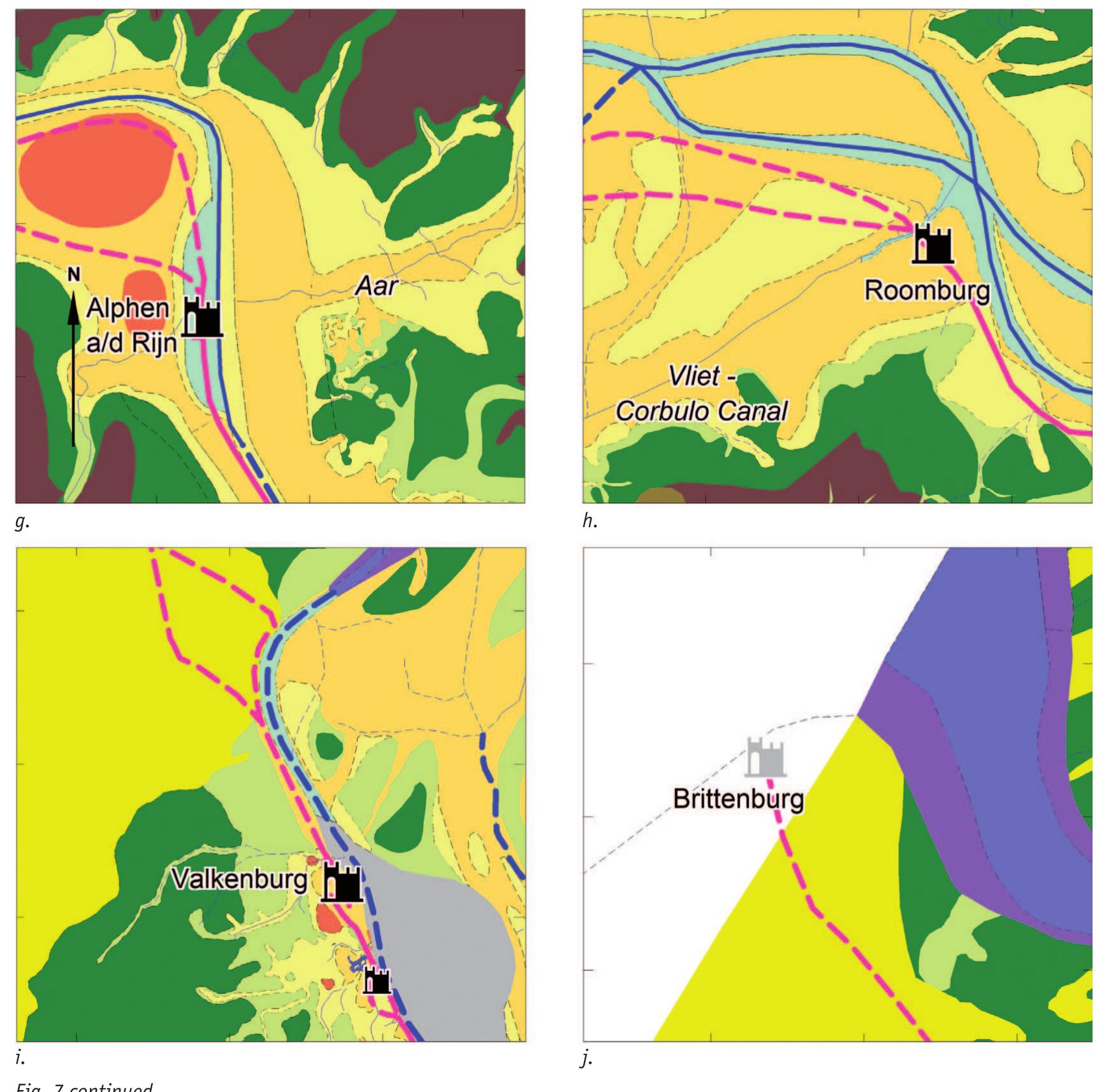 foothold and setup a new one was too high. This so-called ‘path dependency’ might also apply to fortifications in Vechten. Nevertheless, a new, smaller military post might have been built at the cut-off point to watch over the newly formed channel (Fig. 7a).  The discovery of a sunken Roman vessel and a sequence of bank enforcements north of the castellum revealed that the river bend continued to shift in north-western direction during the 15 and 2"4 century A.D. By the end of the 2" century A.D., the channel had moved just over 50 m (Haalebos, 1998; Van Dinter, 2008). Yet, the successive castellum phases were erected at the same location as the second phase, which again might be explained by path dependency.  dependency might also apply to fortifications in Vechten. 
