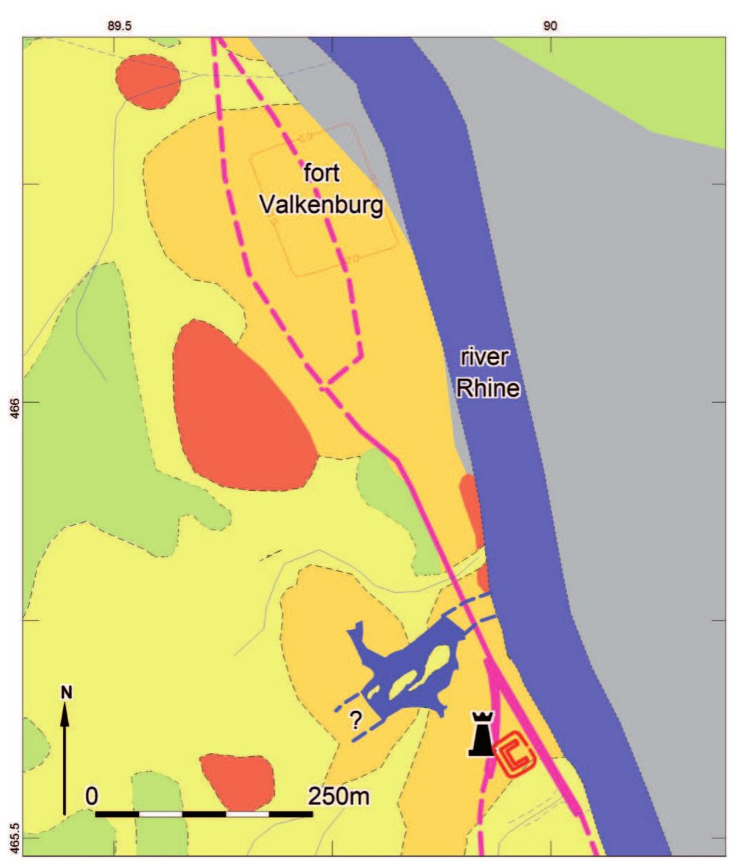 Fig. 8. Location of fortlet (in red) and watchtower south of fort Valkenburg (for legend see Fig. 6).  or tne casteltltum and at least two watcntowers were erecte' along the strongly meandering river downstream of the fort a ca two kilometres intervals in the middle of the 15‘ century A.D (Van der Kamp, 2007; Langeveld & Luksen-IJtsma, 2010; Wynié 2004). The towers were constructed out of timber and eartl they had a square plan form with ca 3.5 metres long sides an were surrounded by a wooden palisade and a ditch with pointe stakes. The towers were rebuilt several times and functioned a least until the seventies of the 15t century A.D. (Van der Kam 2007; Langeveld & Luksen-IJtsma, 2010). Based on the size 