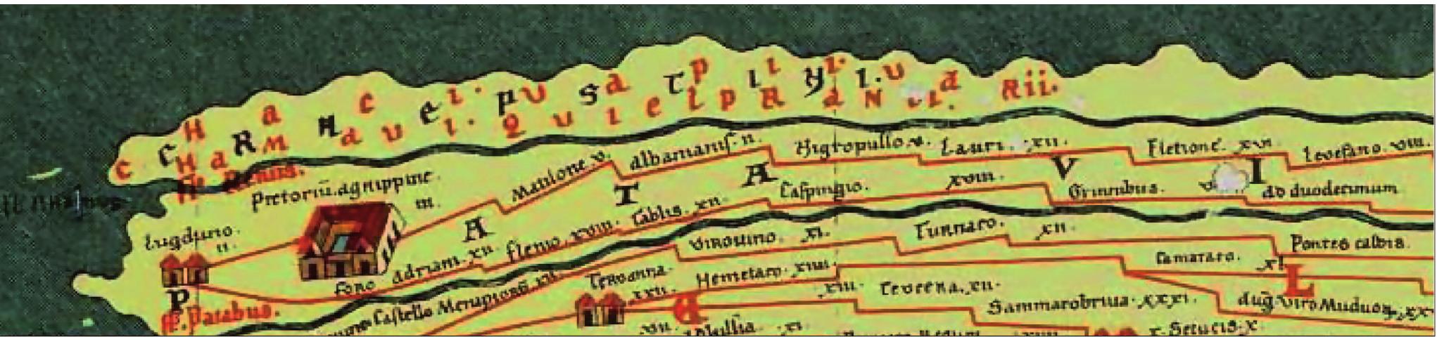 Fig. 10. Part of Tabula Peuteringia segment 1, depicting rivers, roads and fortifications with mutual distances in legua in the western part Lower Rhine delta (Weber, 1976).  The Roman road usually was 4-6 metres wide, on a low, dyke of sand, clay and sods, bordered by one or two ditches and paved with gravel, fragmented roof tiles and/or shells (Luksen-IJtsma, 2010). As gravel is not naturally present in this part of the delta, the material must have been shipped in from elsewhere,  At least two canals were dug during the first centuries A.D.: the Corbulo canal and the Mare canal (Fig. 4; Van Dockum, 1997; Hessing et al., 1991; Vos, 2007; De Kort & Raczynski-Henk, 2008). By digging a relatively short canal through the watersheds the canals linked existing gullies. In this way, the Corbulo canal connected the Rhine to the Gantel/Meuse and the Mare canal connected the Rhine to the Hollandsche IJssel. Due to the subsequent water flow and resulting erosion it is hard to prove that the canals were initially dug by man (Cohen et al., 2009). Nevertheless, relicts of spade cuttings were discovered in the  