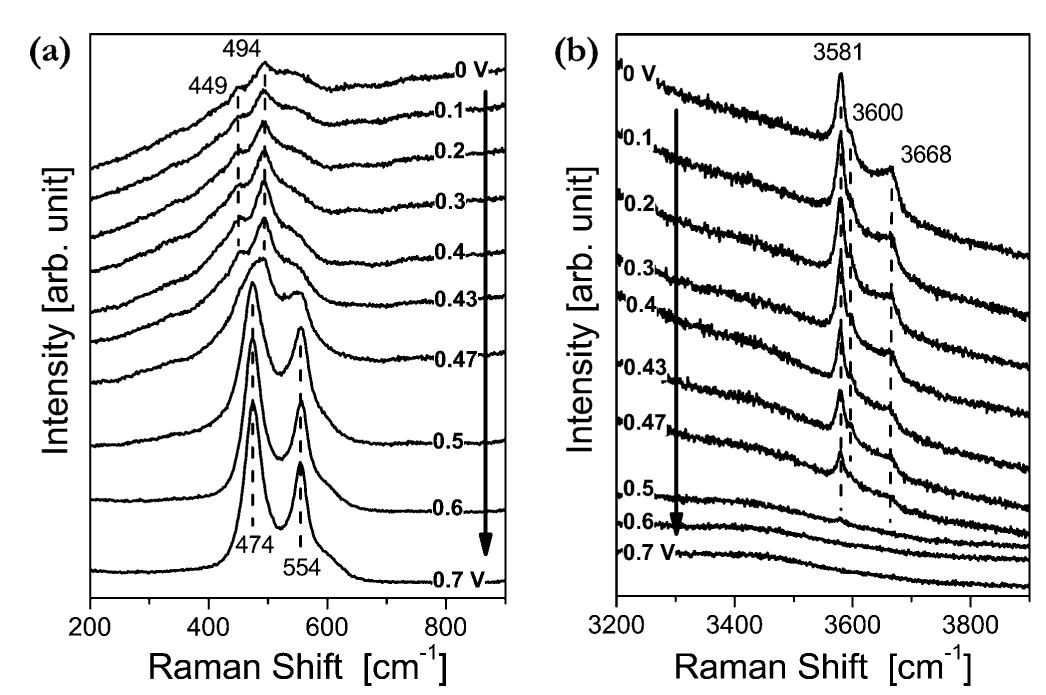 In situ raman spectra collected at (a) low and (b) high