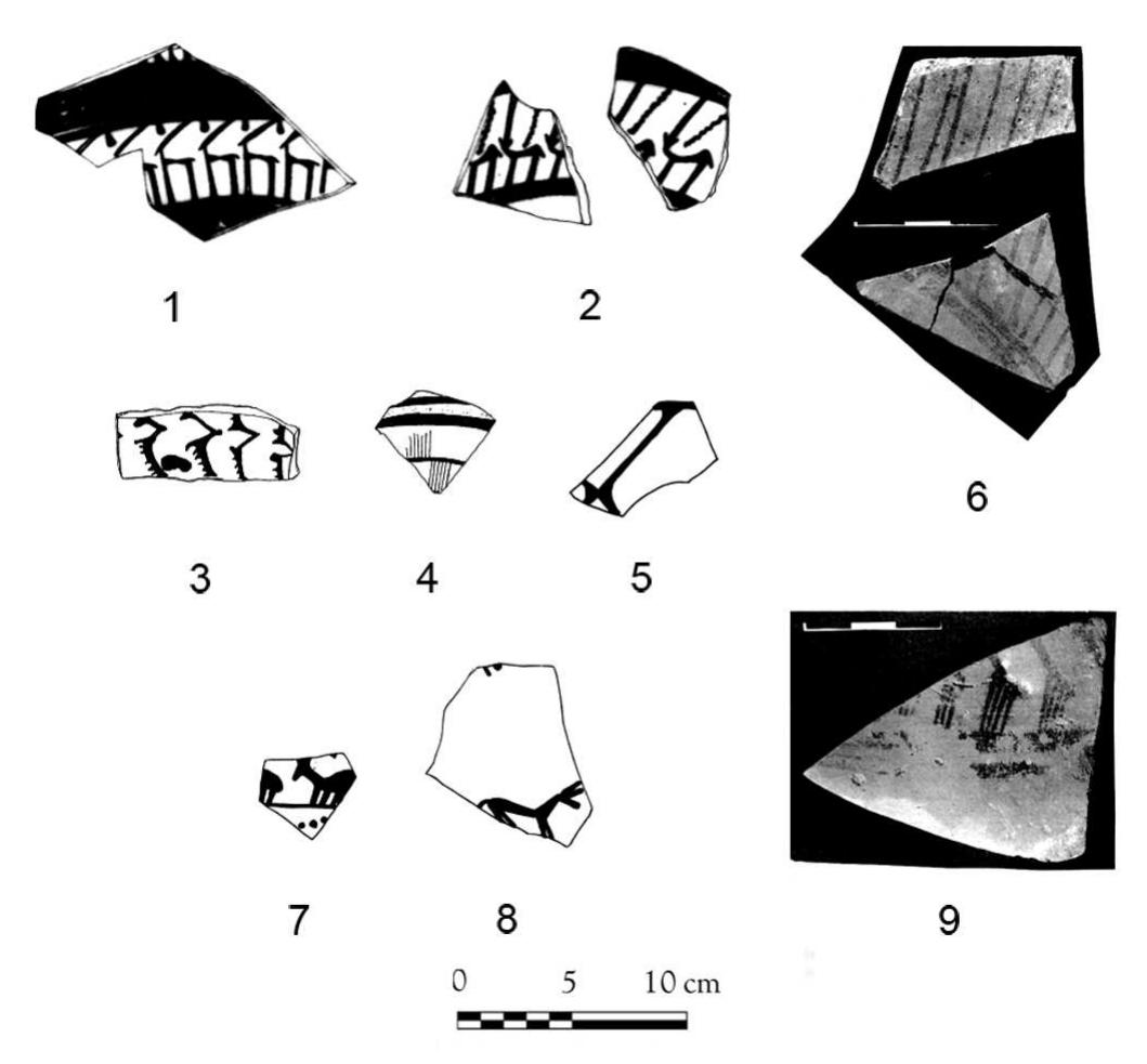 Fig. 2 — Togau ware with motifs of stylized caprids. 1-2, Buff reddish ware from Mehrgarh III (C. JARRIGE et al., 1995: fig. 3.2, a-c); 3-5, 7-8, Ceramics from Mundigak I (CASAL, 1961: fig. 49.9, 11-12, fig. 50.26, 29a); 6, 9, Ceramics from Sarazm (ISAKOV et LYONNET, 1988:  pl. I, 2-3). 