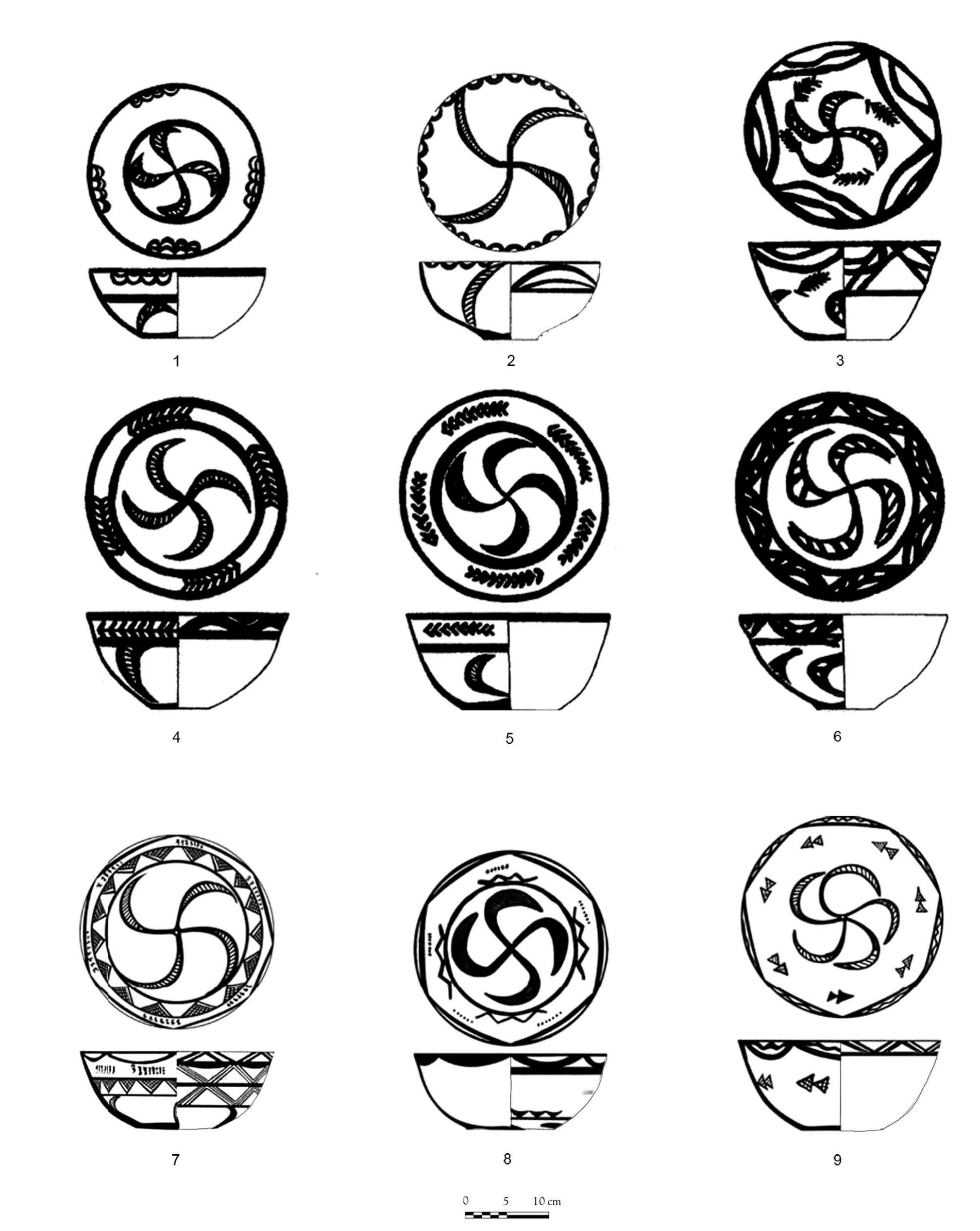 Fig. 3 — Bowls decorated with “pseudo-swastika” motifs. 1-6, Ceramics from Shahr-i Sokhta cemetery, Period I (SAJJADI, 2003: fig. 26); 7-9, Ceramics from Nilag (Dasht Plain, Makran), Period Illa (MUTIN, 2007 : fig. 1.278, 12-14). 