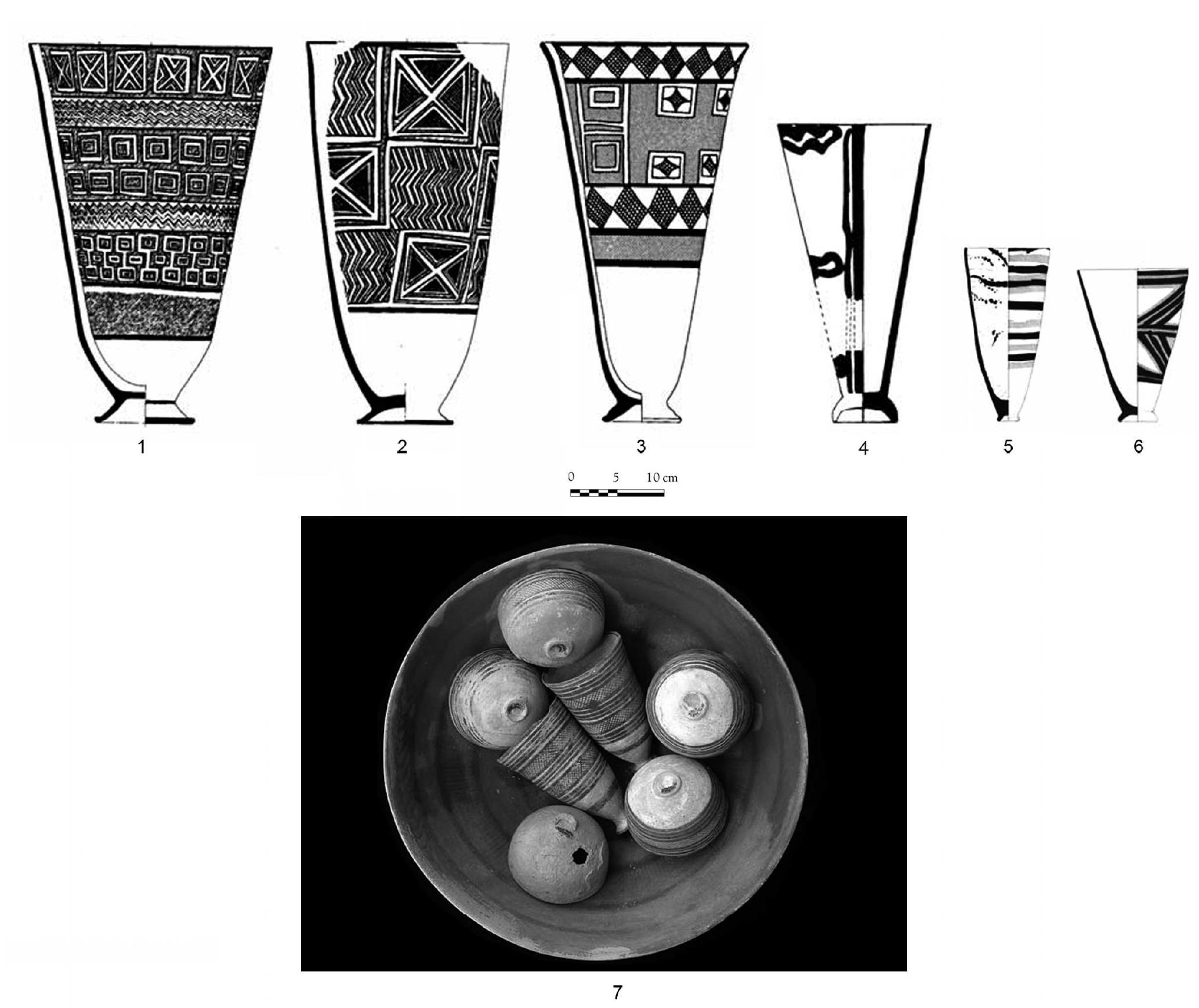 Fig. 4 - Truncated-conical goblets with polychrome or monochrome painted decorations. 1-3, Ceramics from Mehrgarh IV-V (drawings MAI); 4, Ceramic from Tal-i Iblis (SARRAF, 1981: abb. 26); 5-6, Ceramics from Makran, Period Ila (MUTIN, 2007: fig. I1.194, n° 13-14); 7, Ceramics from Sohr-Damb/Nal I (FRANKE-VOGT, 2005: abb. 8). 