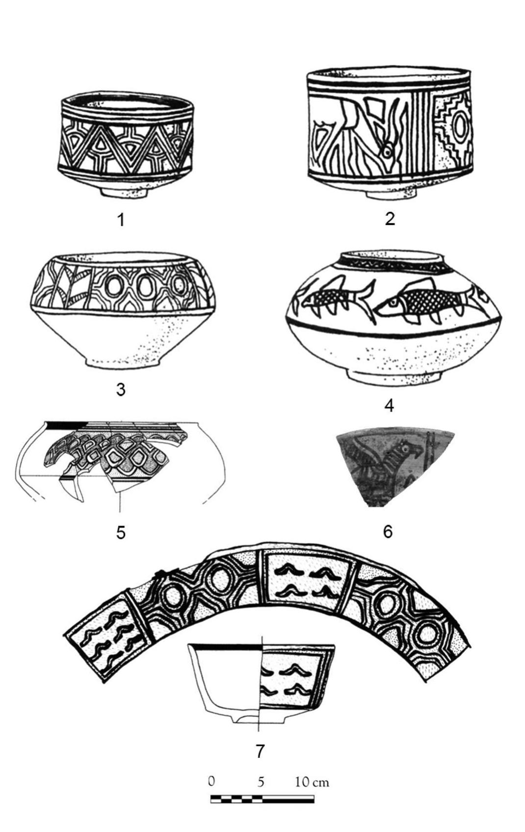 Fig. 5 — Nal polychrome ware from Balochistan. 1-4 (FAIRSERVIS, 1975: fig. 40); 5-7 (FRANKE-VOGT, 2005: fig. 60). 