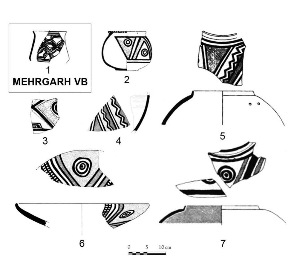 Fig. 8 — Polychrome ware from Mehrgarh VB, VIIA-B and from Nausharo IA-B (drawings MAI). 