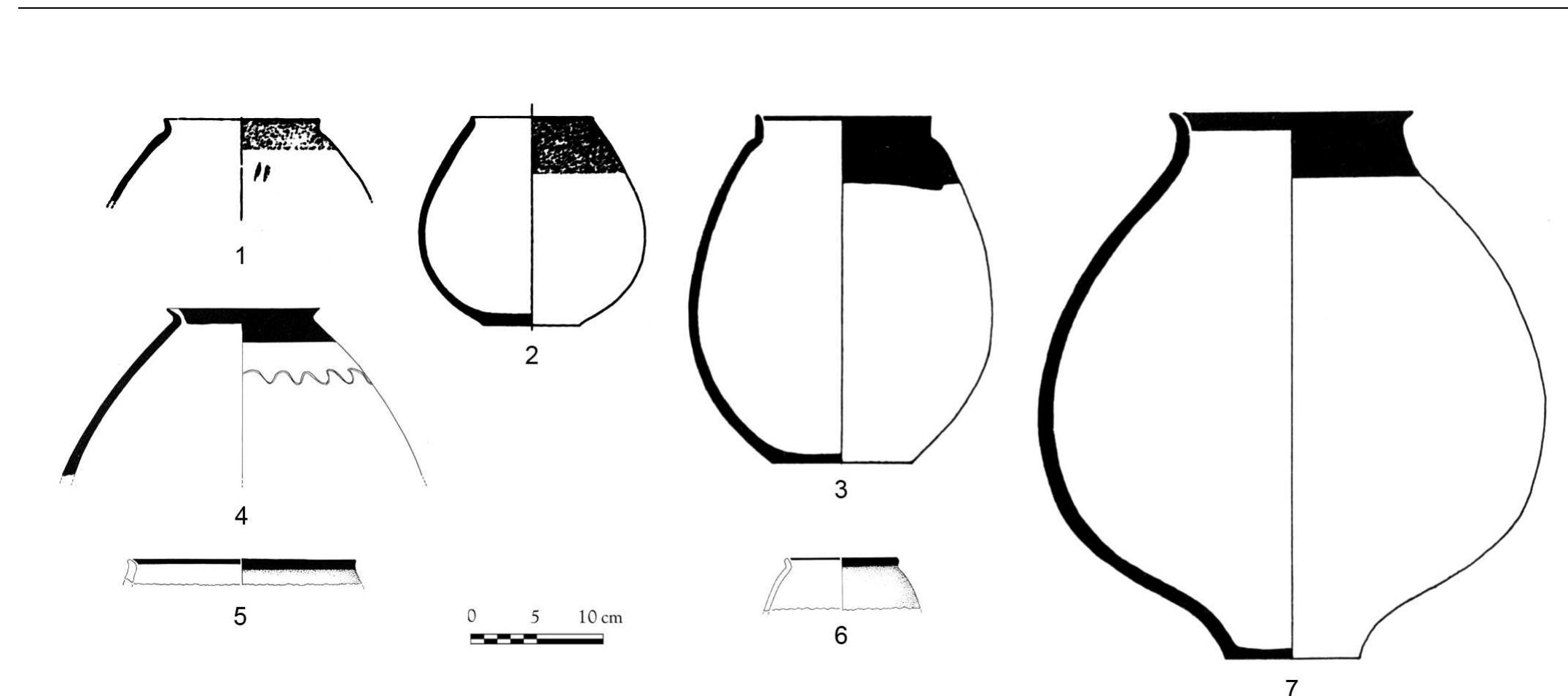 Fig. 9 — Kot-Diji pottery. 1-2, Ceramics from Mehrgarh VIA/B (drawings MAI); 3, 7, Ceramics from Nausharo I (JARRIGE, 1993: fig. 1); 4, Ceramic from Mundigak IV.1 (CASAL, 1961: fig. 75.249); 5-6, Ceramics from Harappa 1-2 (DALES, 1991: fig. 5.3). 