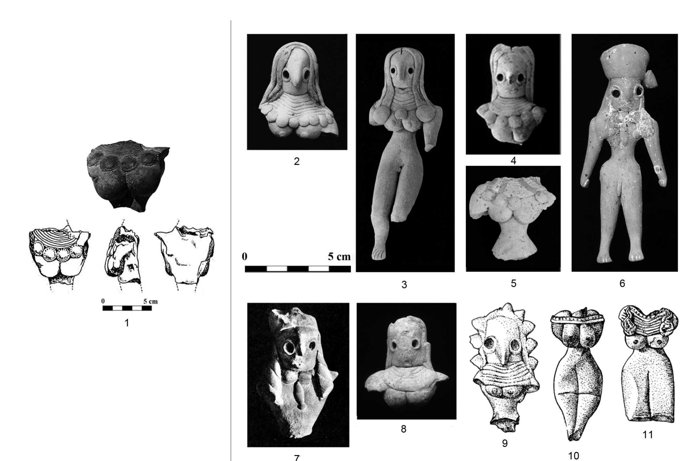 Fig. 10 - Terracotta female figurines. 1, Figurine from Shahr-i Sokhta II (CORTES! et al., 2008: fig. 11); 2-6, Figurines from Mehrgarh VII (photos MAI); 7-8, Figurines from Mundigak (CASAL, 1961: pl. XLI, 8-9); 9-11, Figurines from Damb-Sadaat I-III, site Q8 (FAIRSERVIS, 1956: fig. 16). 