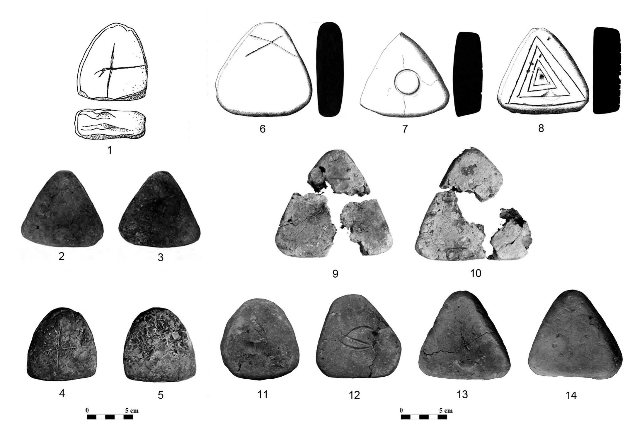 Fig. 11 - Terracotta cakes: 1-5 from Shahr-i Sokhta I-III (CORTES! et al., 2008: fig. 12) ; 6-14 from Nausharo IB-IC / Mehrgarh VII (drawings and photos MAI). 