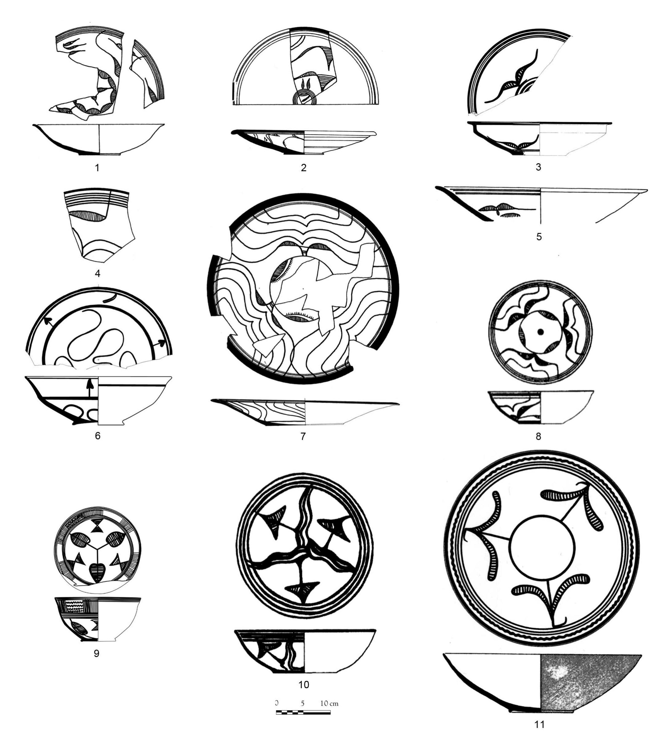 Fig. 12 - Bowls and dishes decorated with vegetal motifs. 1, Ceramic from Lal Shah, Period Nausharo IC (PRACCHIA, 1985: fig. 4a); 2, Ceramic from Rehman Dheri IIIB, scale not available (DURRANI, 1988: Pl. XXXVII); 3, Ceramic from Shahr-i Sokhta IV, Scale not avail- able (BISCIONE, 1990: fig. 6); 4-5, Ceramics from Nausharo IC (drawing MAI); 6, Ceramic from Miri Qalat IIIc (BESENVAL and DIDIER, 2004: fig. 8.2); 7, Ceramic from Mundigak IV.3 (CASAL, 1961: fig. 94.429); 8, 10, Ceramics from Shahr-i Sokhta IV, Grave 1705, n° 32 and 21 (SAJJADI, 2003: fig. 17); 9, Ceramic from the Dasht Plain (Makran), Period IIIb (drawing MAFM); 11, Ceramic from Mehrgarh VIIA/B (drawing MAI). 