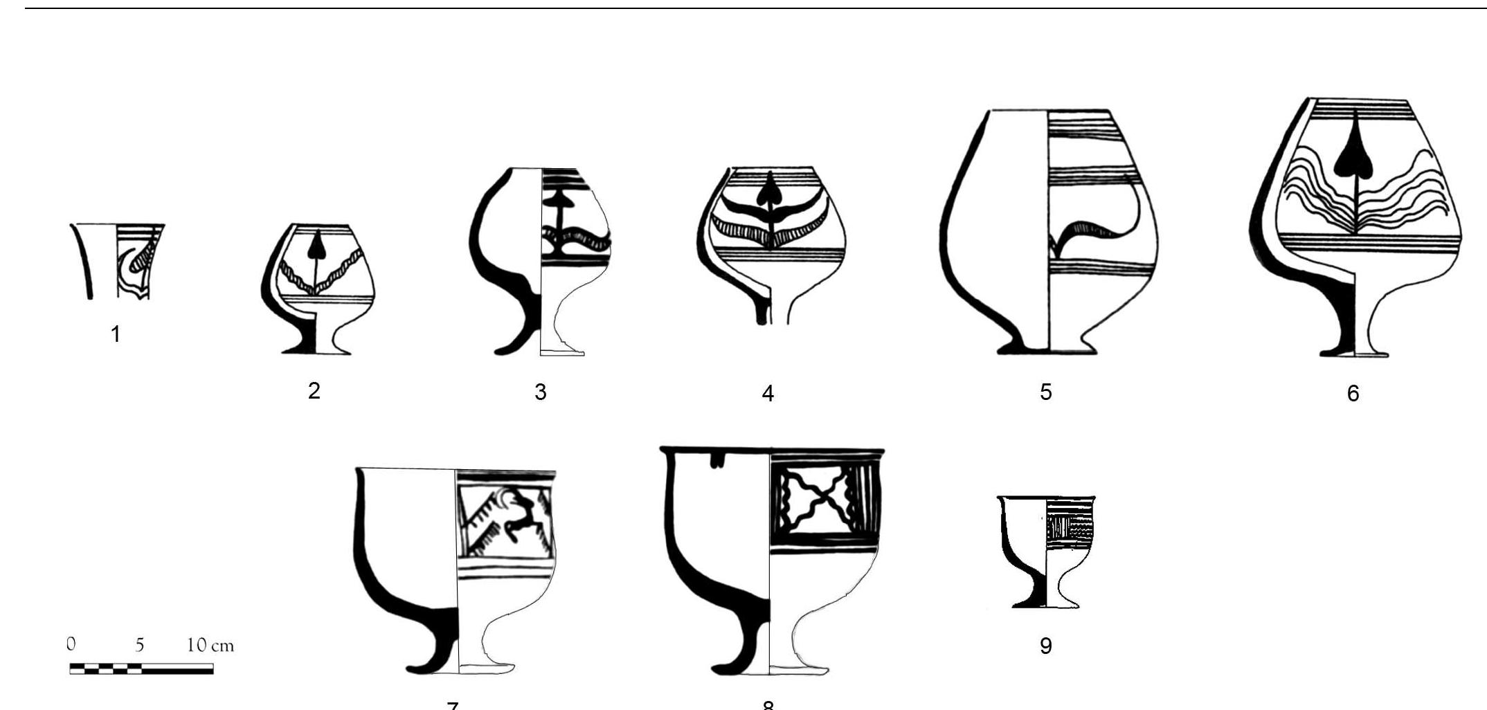 Fig. 13 — Pedestal beakers decorated with geometric and naturalistic motifs. 1, 5, Ceramics from Nausharo IC (drawings MAI); 3, 7-8, Buff ware from Shahr-i Sokhta IV, Grave 731, n° 8094, 8081, 8059 (PIPERNO and SALVATORI, 2007: fig. 675); 2, 4, 6, 9, Ceramics from Mundigak IV.1 (CASAL, 1961: fig. 65.179, 181-182, fig. 66.192). 