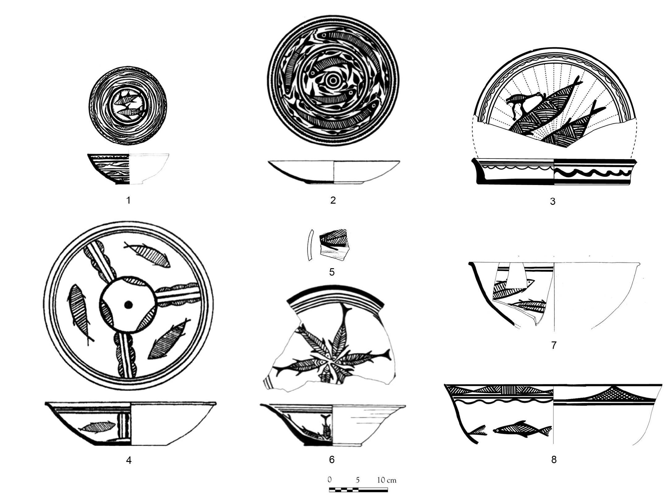 Fig. 14 - Ceramics with “fish” motifs. 1, Buff ware bowl from Shahr-i Sokhta IV, Grave 731, n° 8075 (PIPERNO and SALVATORI, 2007. fig. 681); 2, Faiz Mohammad Grey ware from Mehrgarh VIA/B (drawing MAI); 3, Streak burnished ware dish from Miri Qalat IIc (BESENVAL and DIDIER, 2004: fig. 9.5); 4, Buff ware bowl from Shahr-i Sokhta lV, Grave 1705, n° 50 (SAJJADI, 2003: fig. 17); 5, Surface potsherd from Shahr- i Sokhta (CORTES! et al., 2008: fig. 7.4); 6, Bowl from Nausharo IC (drawing MAI); 7, Pinkish buff bowl from Mundigak IV.2 (CASAL, 1961:  fig. 92.398); 8, Fine ware bowl from the Dasht Plain (Makran), Period IIIb (drawing MAFM). 