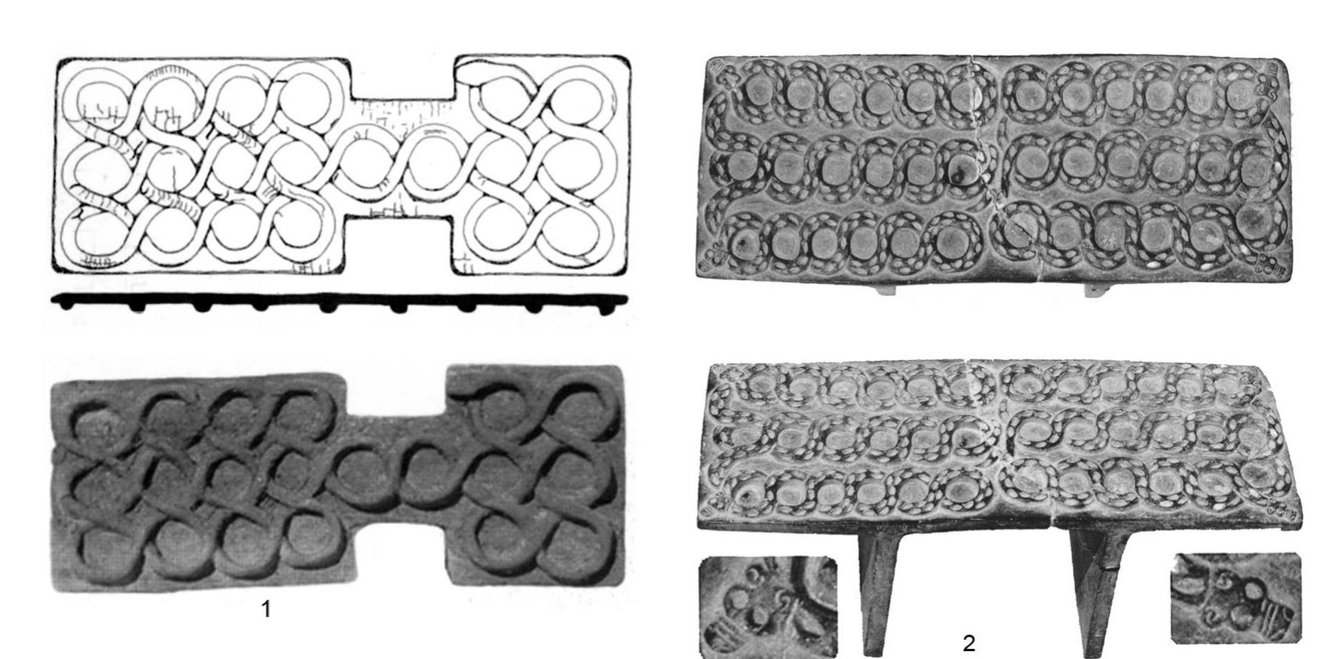 Fig. 15 - Parallels between Shahr-i Sokhta and Jiroft objects. 1, Wooden game-board from Shahr-i Sokhta IV, Grave 731, n° 8087, Scale not available (PIPERNO and SALVATORI, 2007. fig. 691); 2, “Chlorite” board from Jiroft, Scale not available (MADJIDAZADEH, 2003: 108). 