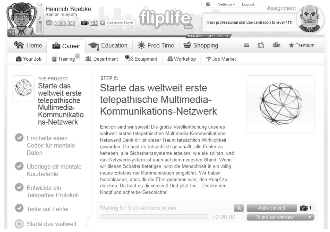 Figure 1: Fliplife: project description  Gameplay experiences: The basic game mechanics of Fliplife seem to be very simple, although they can build the foundation for complex problems (S6bke, Br6éker, et al. 2012). In general Fliplife shows the characteristics of an online third place: players meet online in their spare time, make acquaintances and friends (Soukup 2006). The game mechanics create a frame for communication with co-players. Fliplife may be a low cost ver- sion of an online game which serves as a third place (Steinkuehler & Williams 2006). 